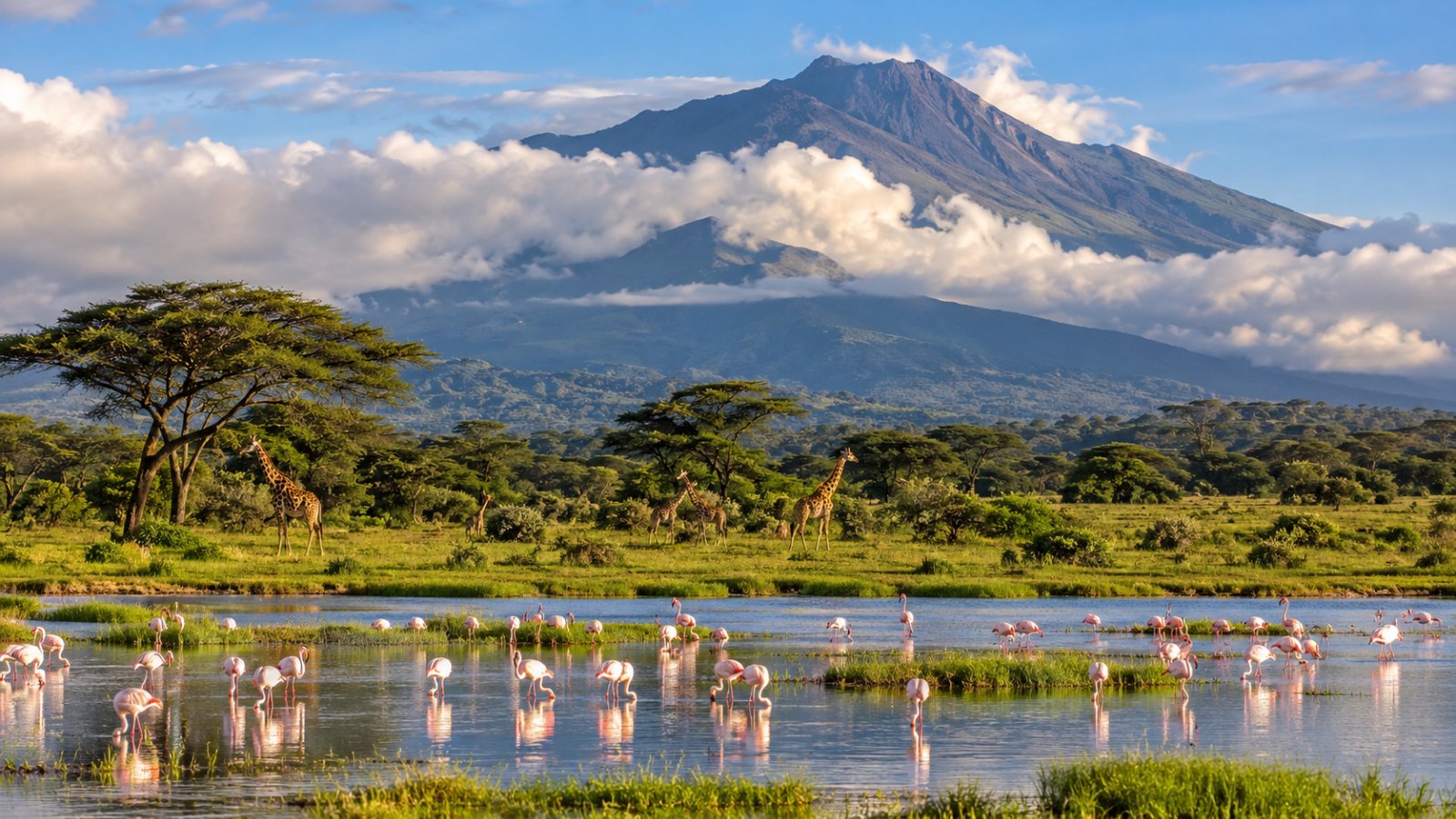 Il Monte Meru tra le nuvole sopra un lago di Momella con i fenicotteri, nel Parco nazionale di Arusha
