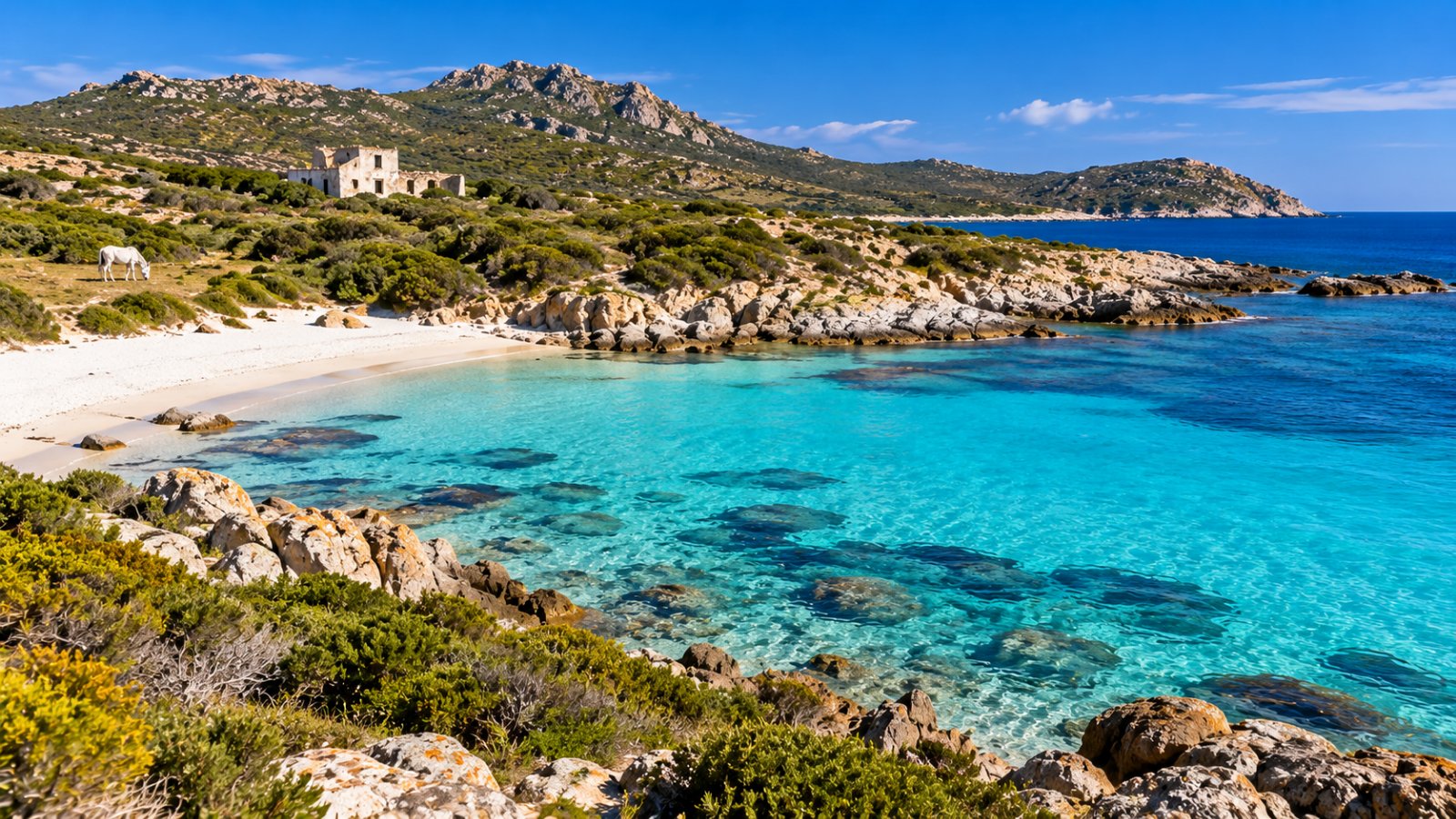 Una cala di sabbia bianca e acqua turchese all'Asinara, tra la macchia mediterranea, con un asinello bianco al pascolo
