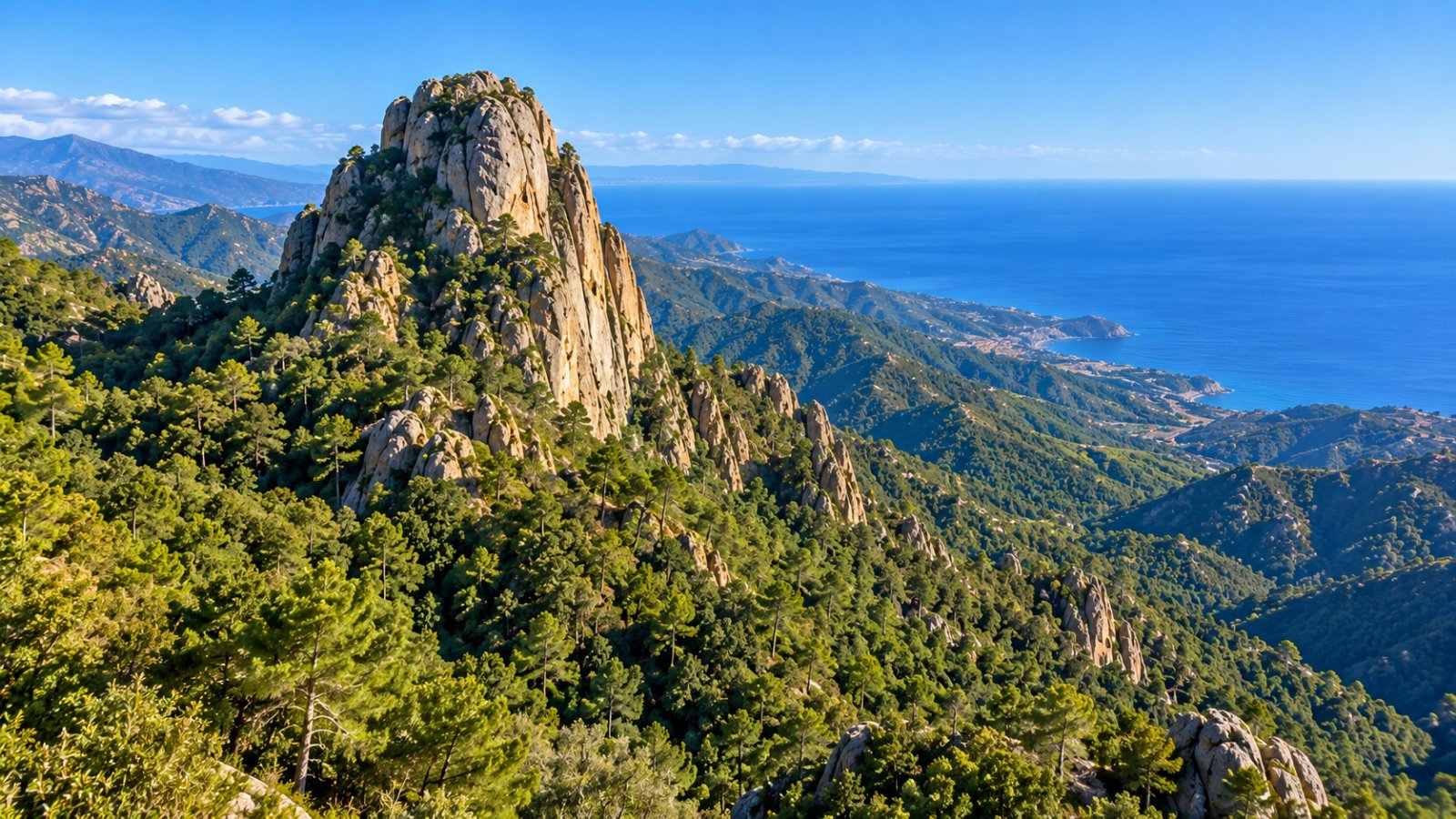 Un grande monolite di roccia che spunta da colline boscose dell'Aspromonte, con il mare Ionio sullo sfondo in una giornata limpida