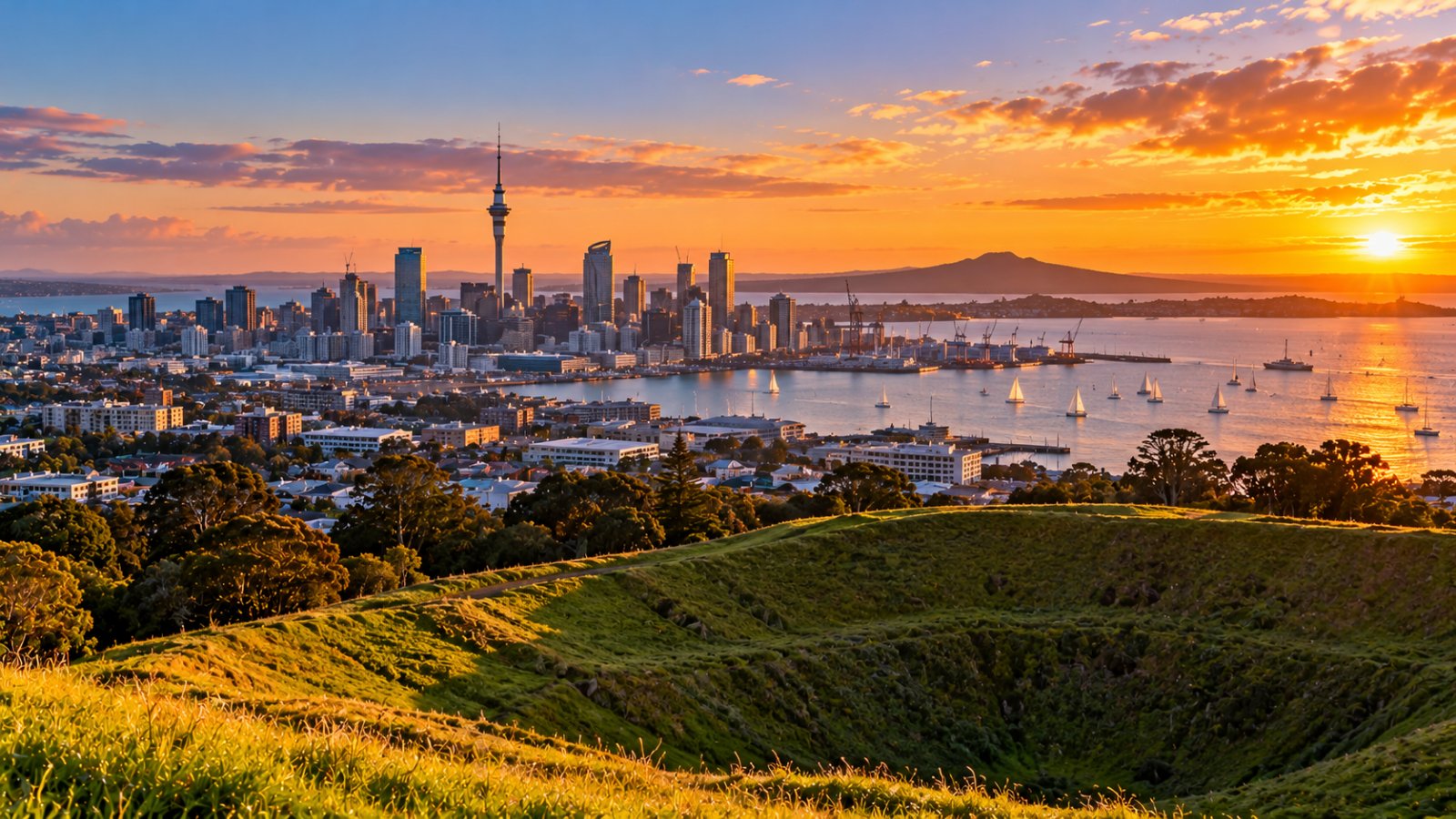 Lo skyline di Auckland con la Sky Tower e le barche a vela nel porto, visto dal cratere erboso di Mount Eden nella luce calda del tramonto