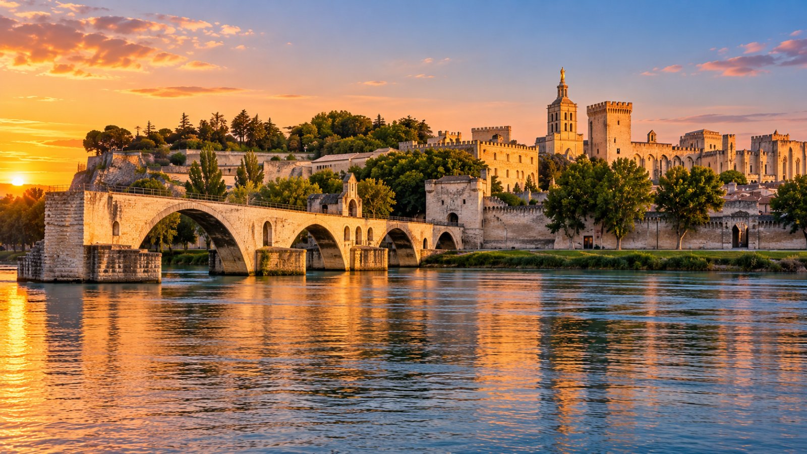 Il ponte medievale di Avignone interrotto sul Rodano, con le torri del Palazzo dei Papi sullo sfondo nella luce calda del tramonto