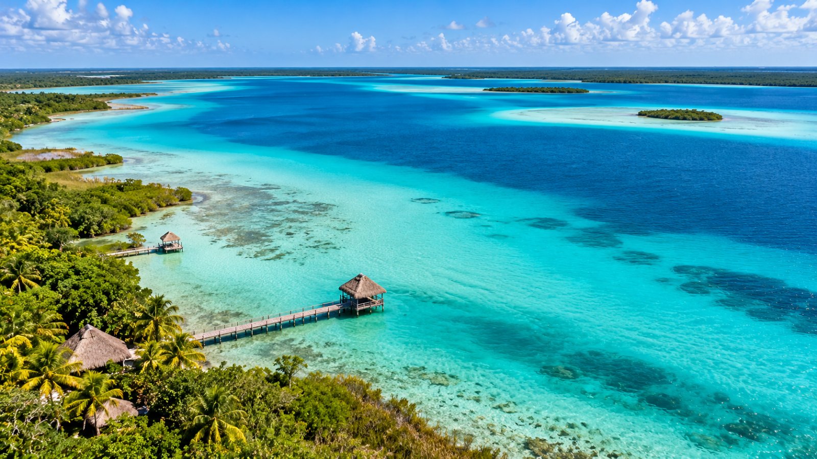 La laguna di Bacalar vista dall'alto, con l'acqua nelle sfumature del turchese e del blu e un pontile di legno