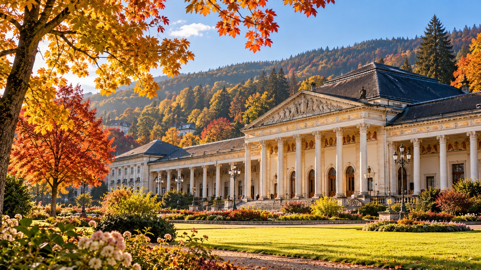 Un grande edificio termale ottocentesco con colonne classiche affacciato su un parco con alberi dalle foglie autunnali, e sullo sfondo colline boscose