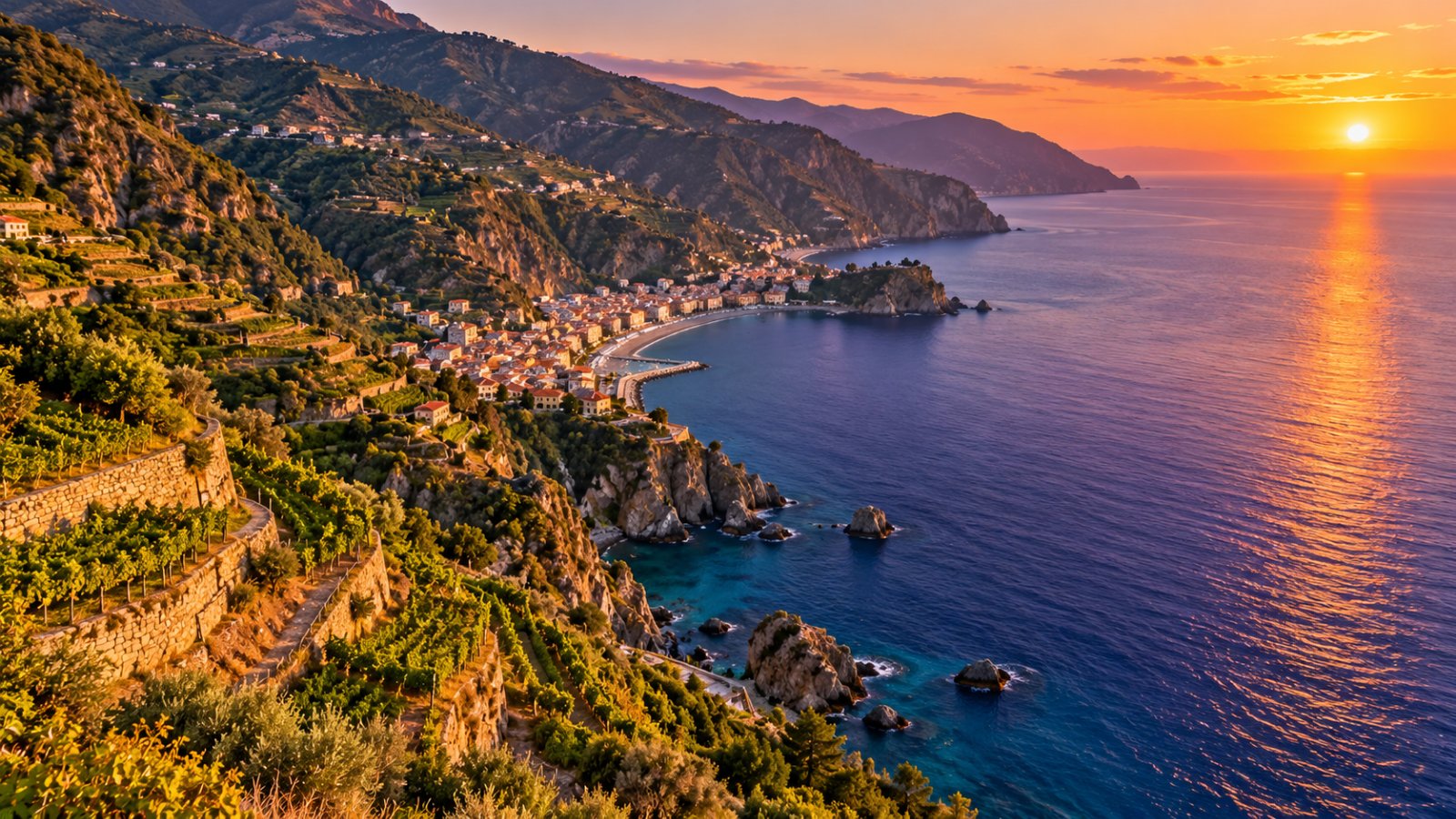 La Costa Viola vista dall'alto al tramonto, con la costa ripida coperta di vigne terrazzate a picco sul mare blu-viola e il paese di Bagnara Calabra affacciato sulla baia