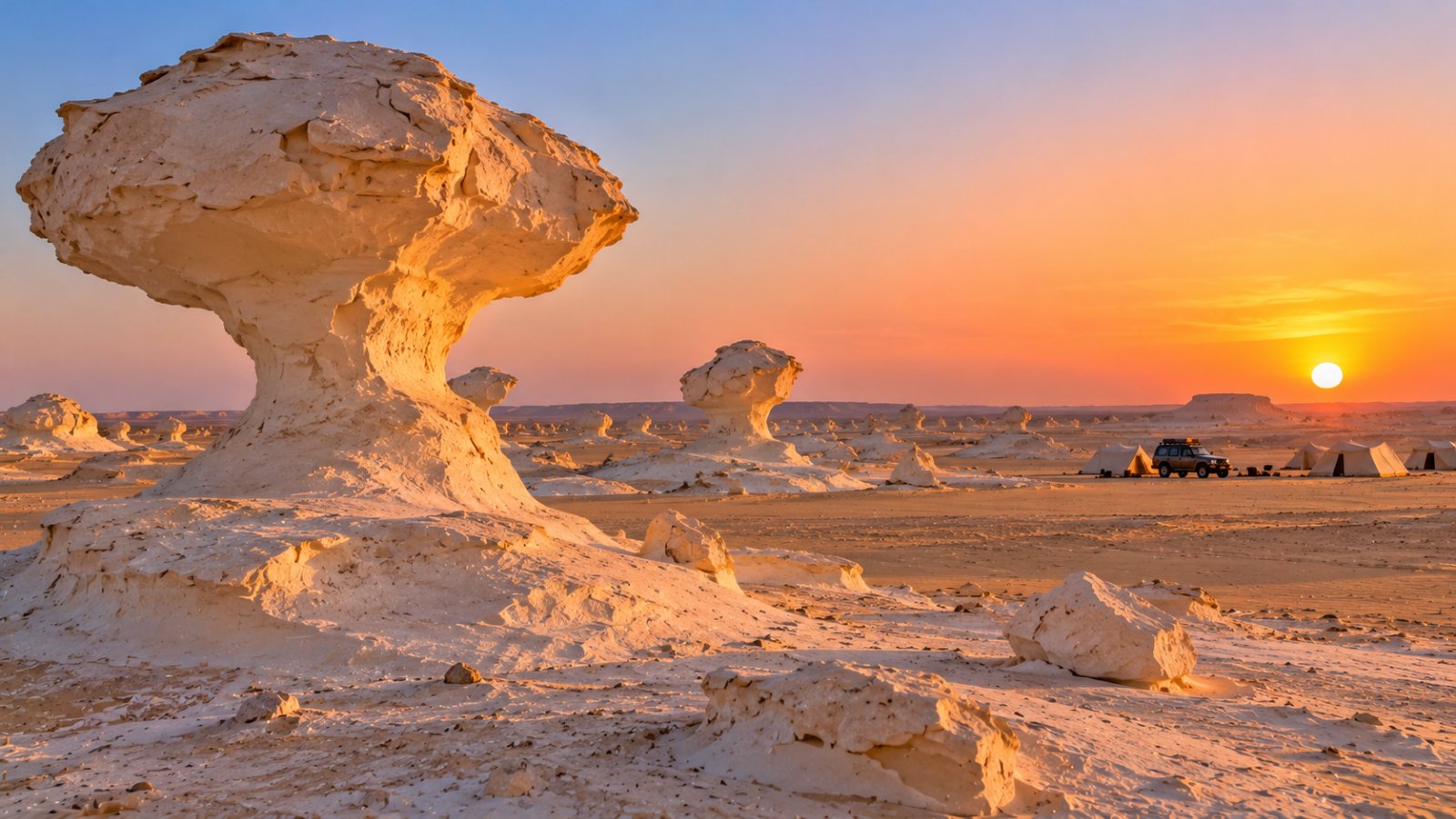 Formazioni di roccia calcarea bianca a forma di fungo nel Deserto Bianco egiziano, su una distesa di sabbia chiara al tramonto