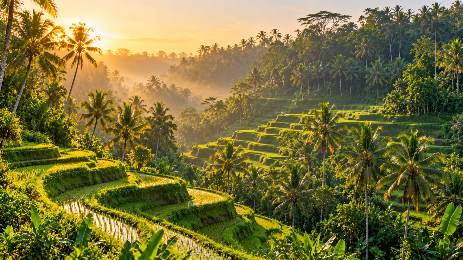 Le risaie a terrazze di Tegallalang, vicino a Ubud, tra palme da cocco e foresta tropicale nella luce del mattino