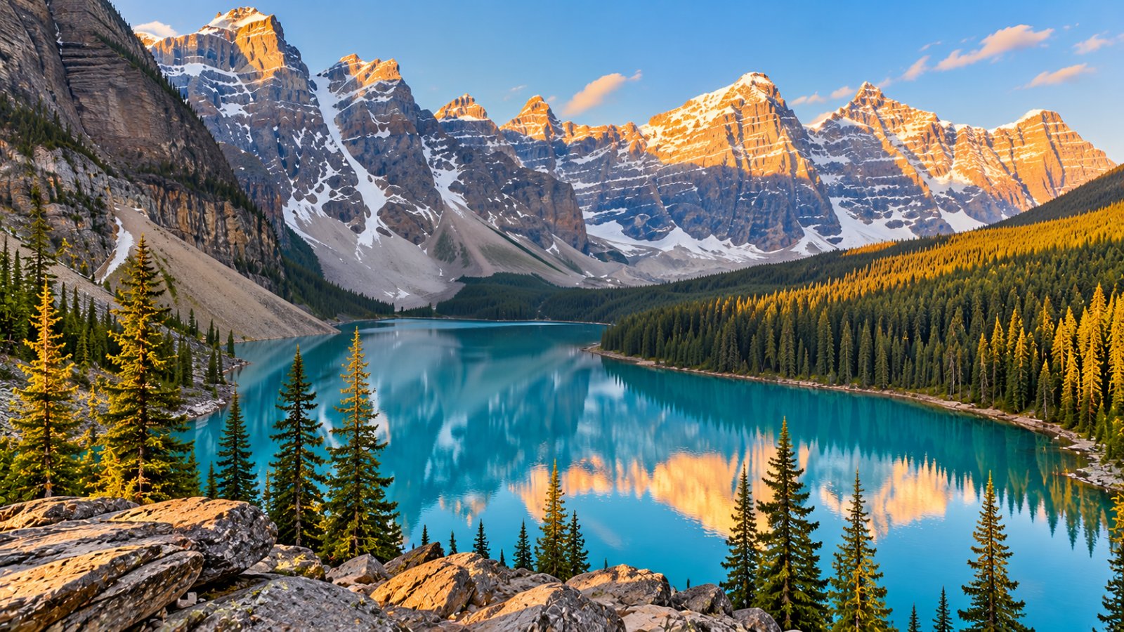 Il lago Moraine color turchese ai piedi delle cime innevate della Valle dei Dieci Picchi, visto dall'alto alla luce del primo mattino