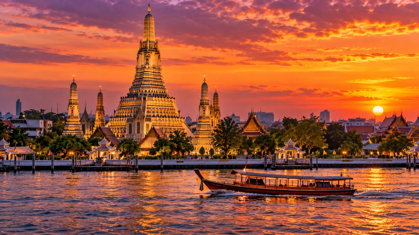 Il Wat Arun al tramonto sulla riva del fiume Chao Phraya, con una barca che passa in primo piano