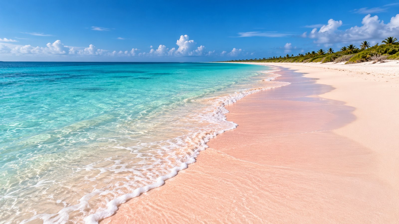 Lunga spiaggia di sabbia chiara e rosata deserta a Barbuda