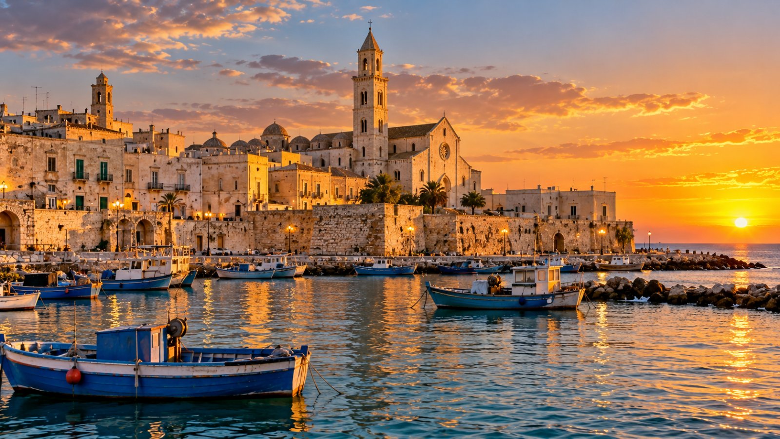 Bari vecchia vista dal mare al tramonto, con la basilica di San Nicola, le case del centro storico sul lungomare e le barche da pesca nel porticciolo