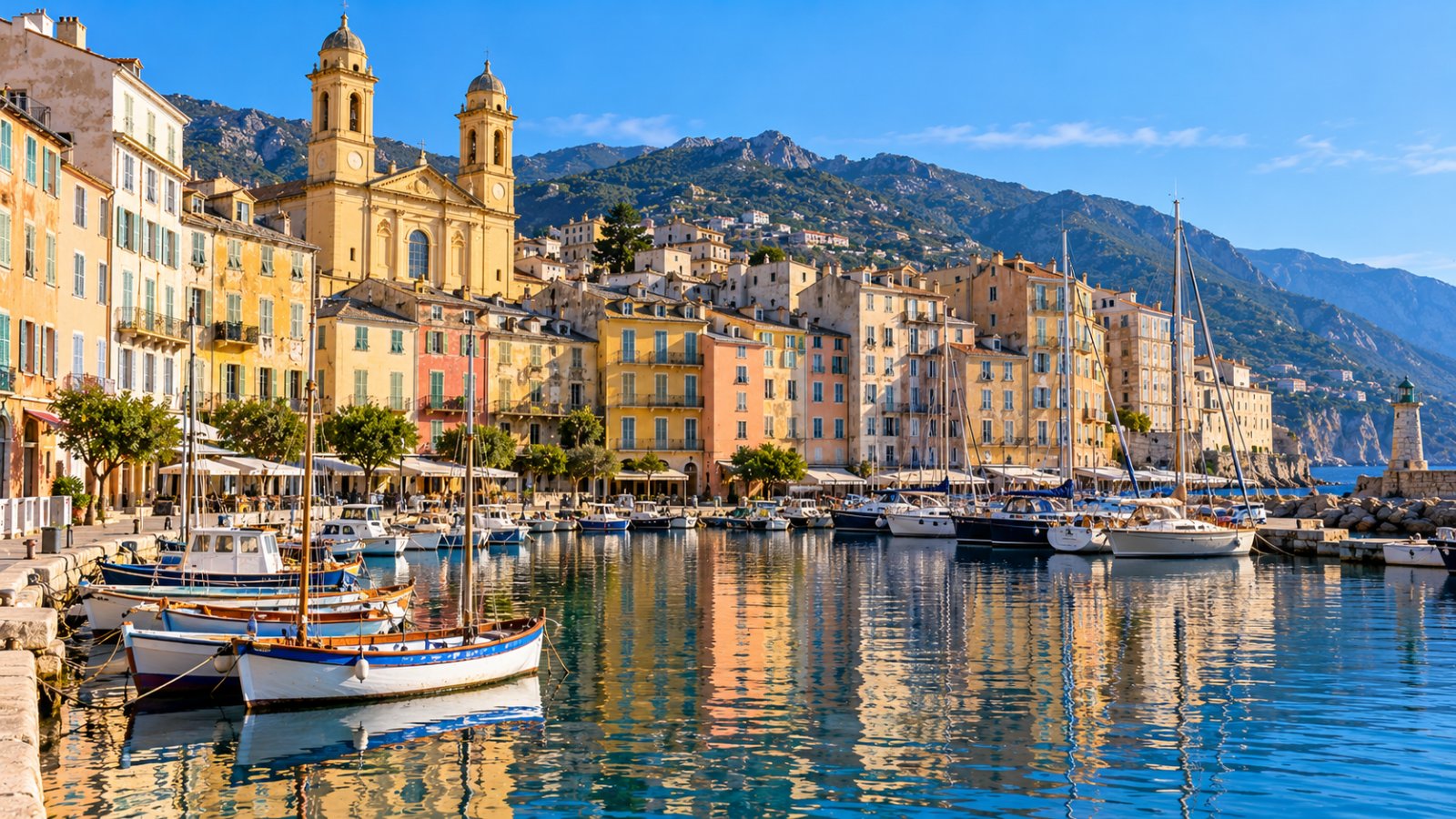 Il Vieux Port di Bastia con le facciate alte e colorate, le barche ormeggiate e la chiesa di Saint-Jean-Baptiste con i due campanili, nella luce del mattino