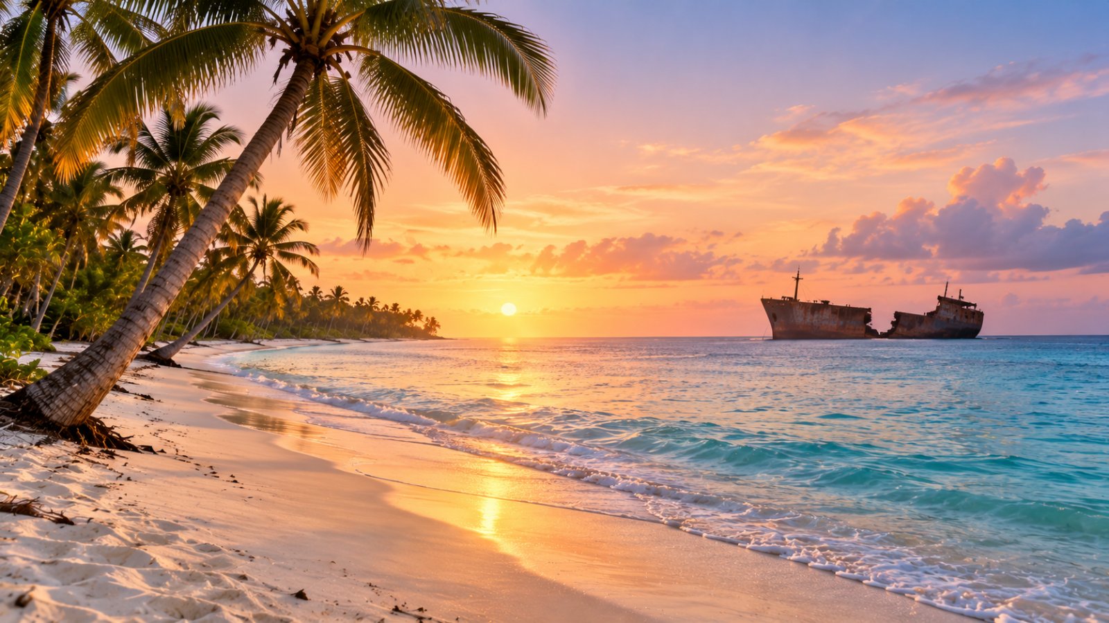 La spiaggia di Bávaro all'alba, con palme in primo piano, mare calmo dai riflessi rosati e un vecchio relitto al largo