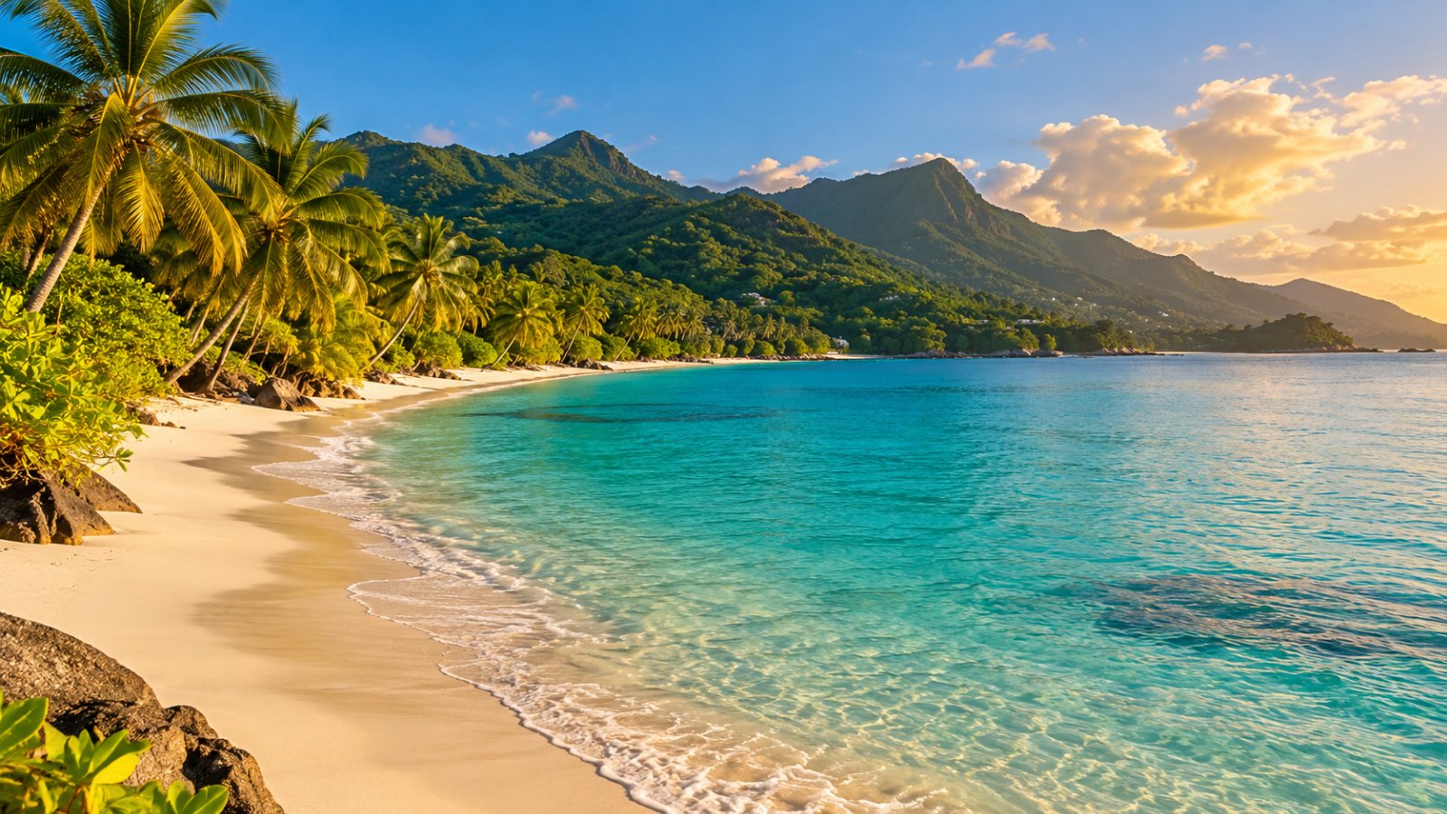 La lunga spiaggia di sabbia bianca di Beau Vallon con le palme, il mare turchese calmo e le colline verdi di Mahé sullo sfondo nella luce del tardo pomeriggio