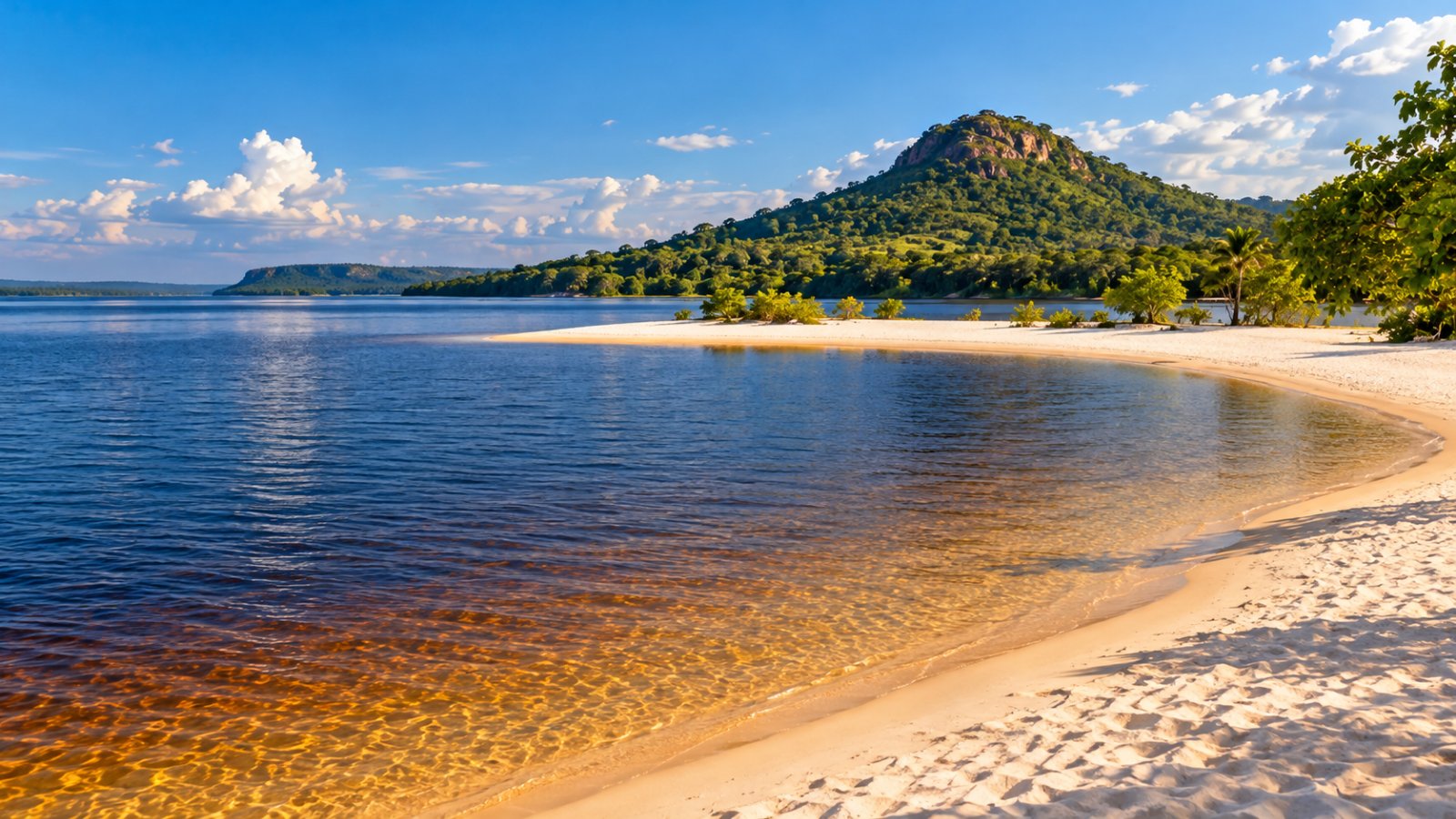 La spiaggia di sabbia bianca di Alter do Chão sul fiume Tapajós, con l'acqua calma e trasparente, una lingua di sabbia e una collina verde sullo sfondo