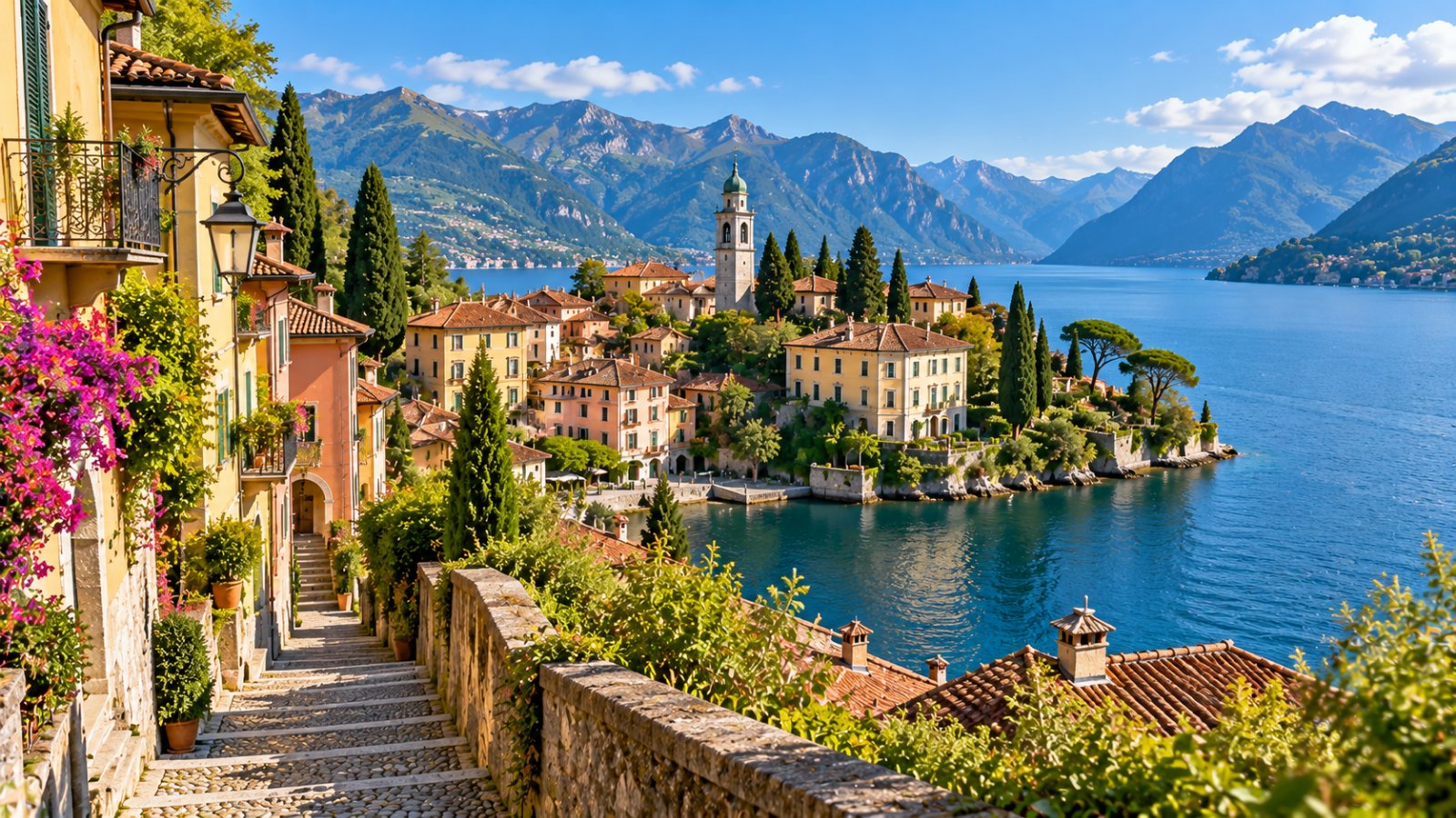 Un borgo con vicoli a gradini e case colorate sulla punta di un promontorio tra due rami di lago