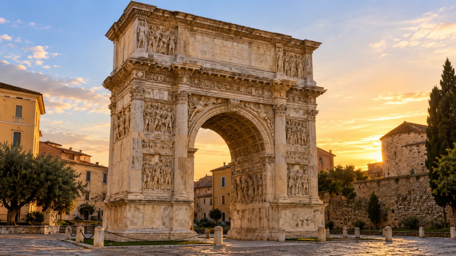 L'Arco di Traiano a Benevento, arco trionfale romano in marmo riccamente scolpito, nella luce calda