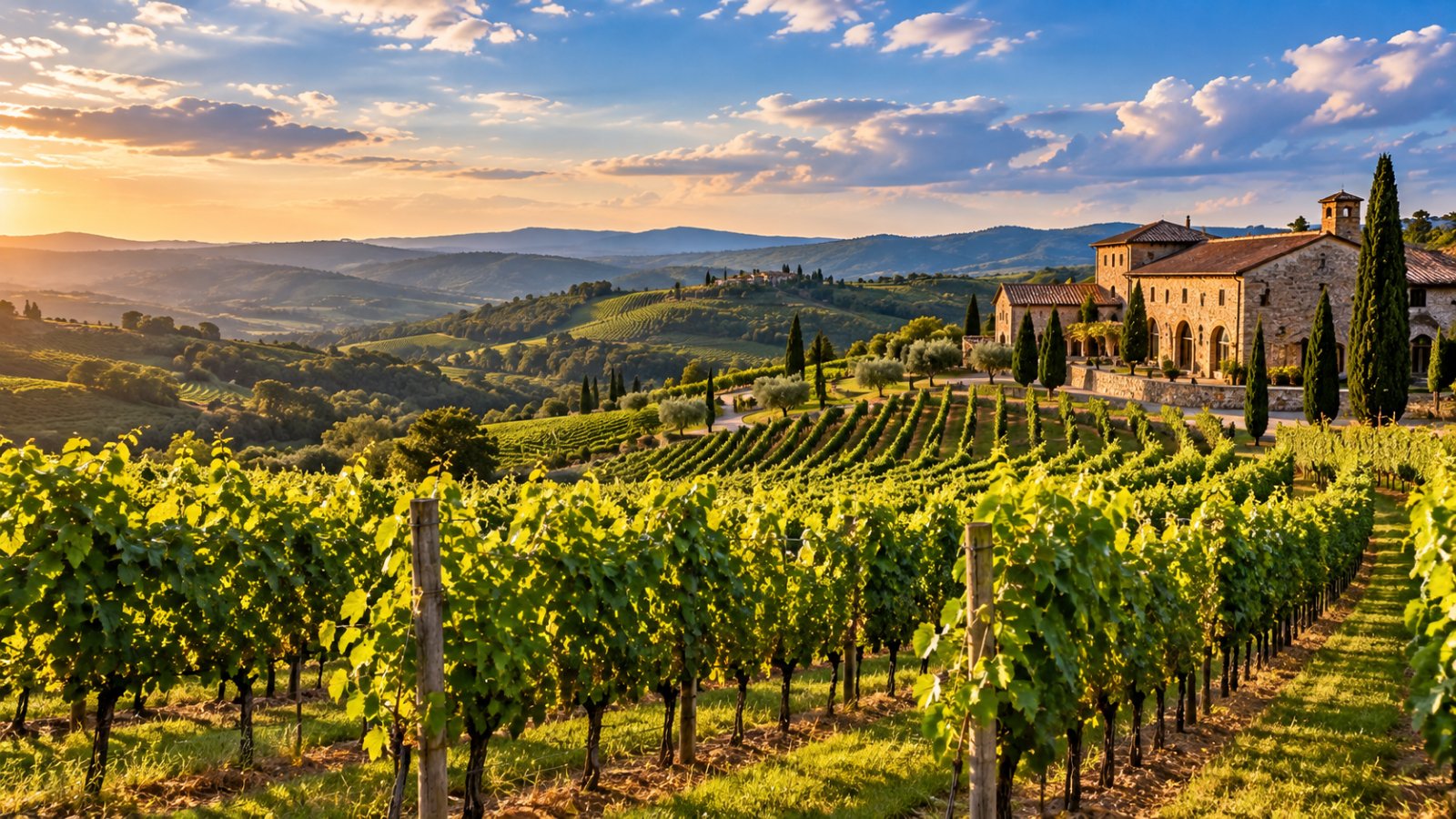 I vigneti della Vale dos Vinhedos sulle colline di Bento Gonçalves, con filari verdi, una cantina in pietra e un cielo con nuvole leggere