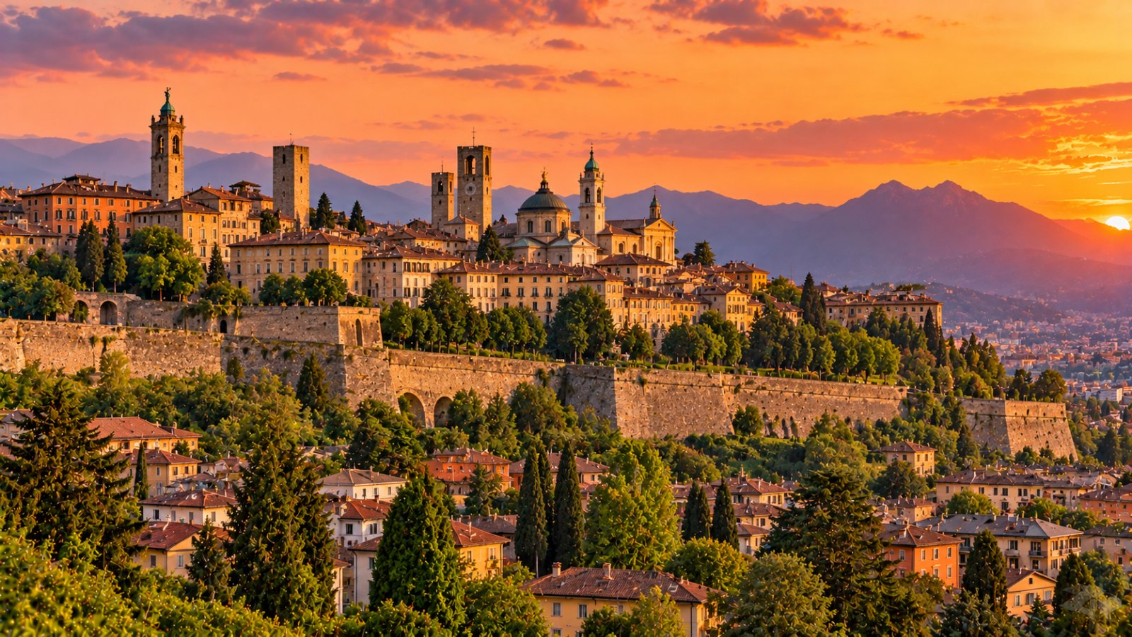 La Città Alta di Bergamo sul colle al tramonto, con le mura veneziane in pietra, i campanili e le cupole che emergono tra i tetti e il verde dei colli