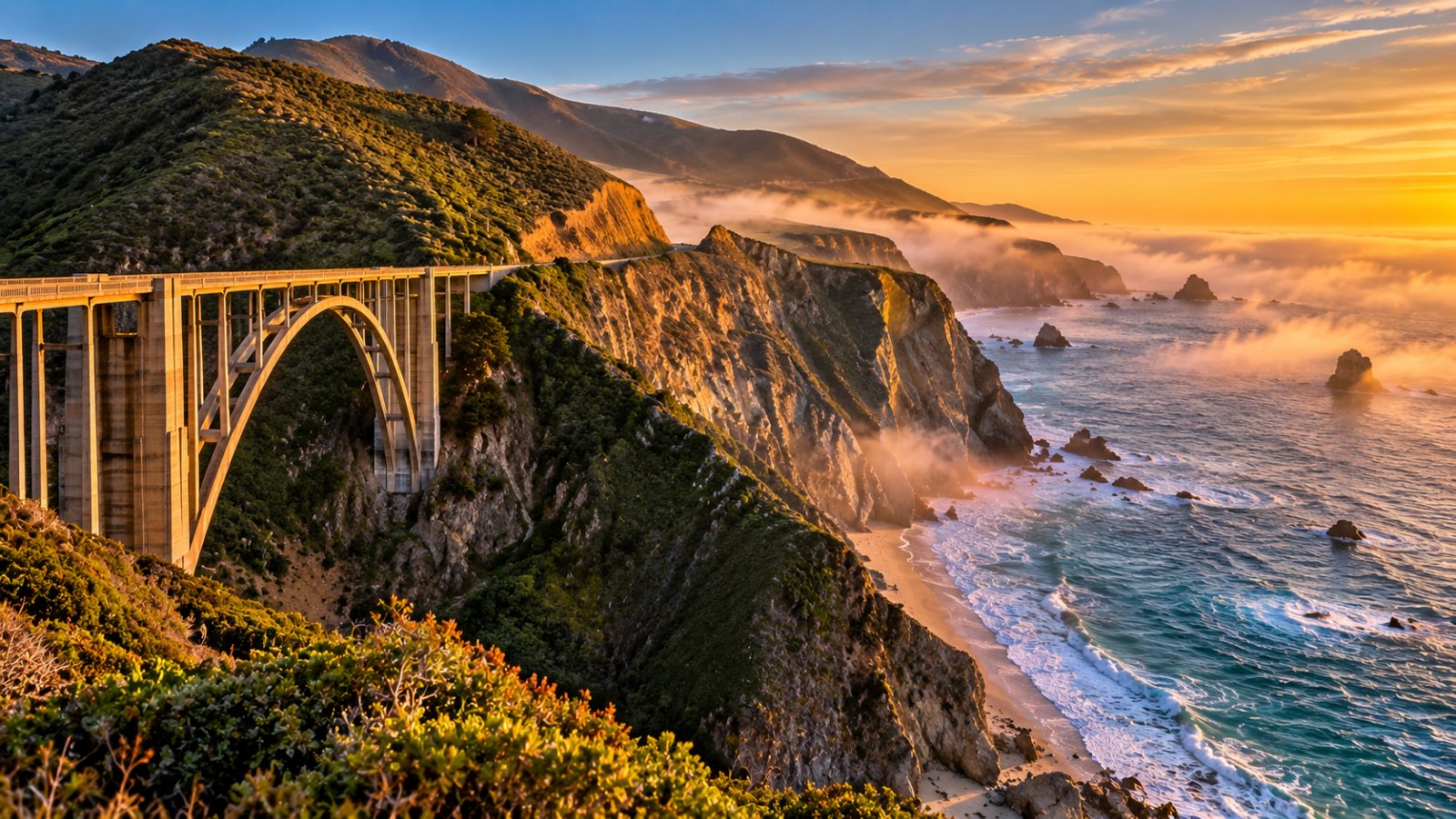 Il ponte Bixby Creek sulla costa di Big Sur, con le scogliere a picco sull'Oceano Pacifico e la nebbia sul mare