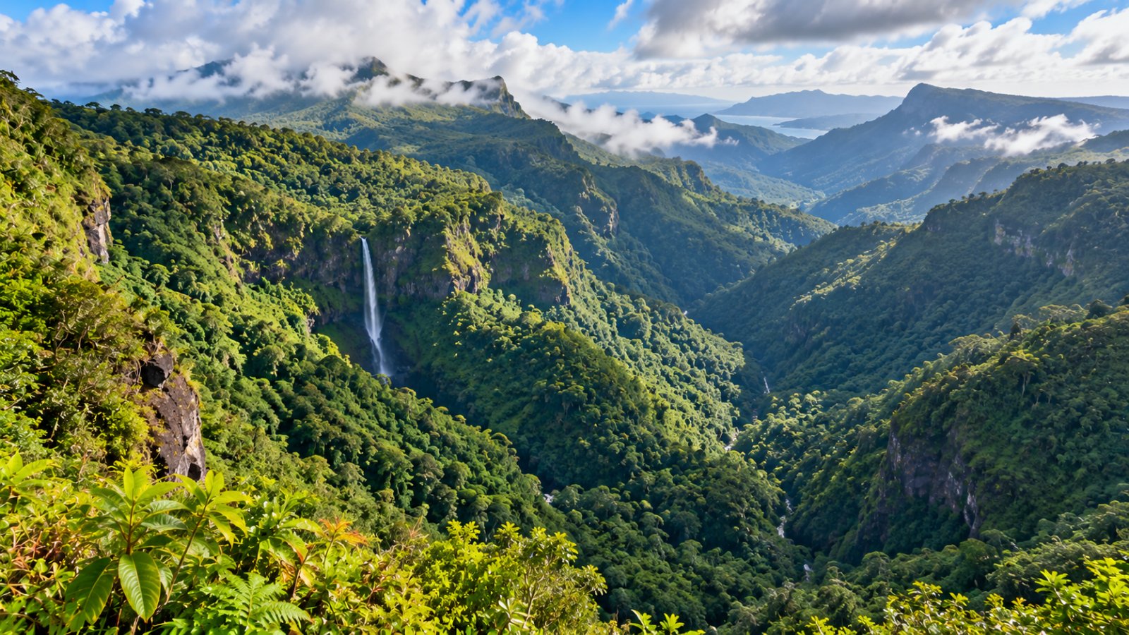 La gola profonda delle Black River Gorges coperta di foresta tropicale, con una cascata sottile e le nuvole basse sulle montagne di Mauritius