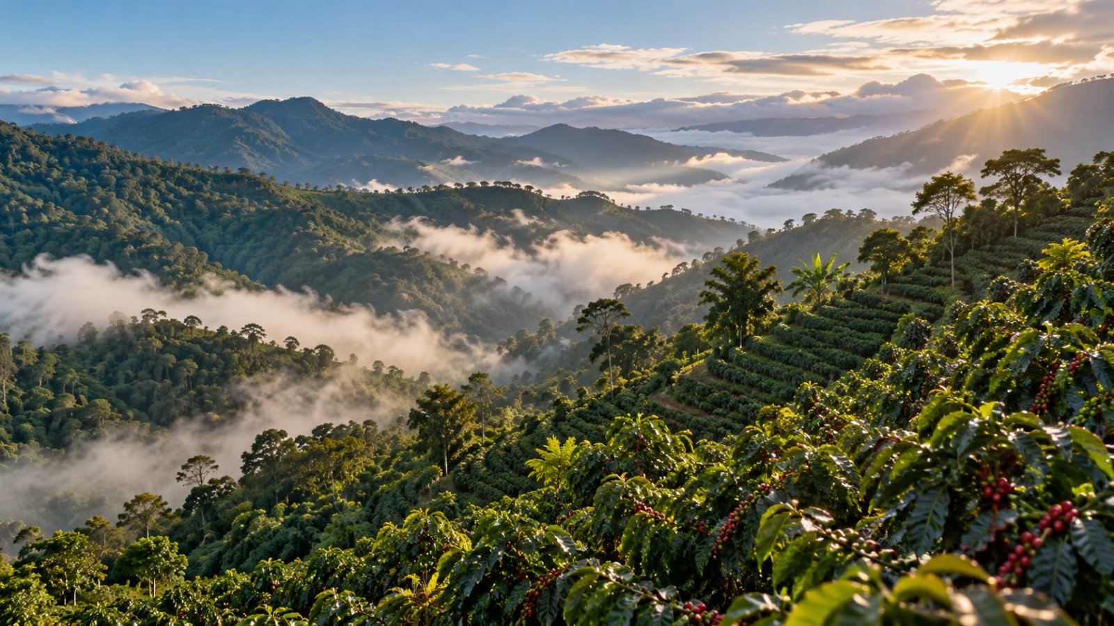 Montagne coperte di foresta e piantagioni di caffè tra le nuvole