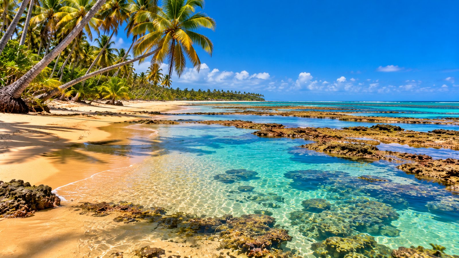 Una spiaggia deserta di Boipeba con palme da cocco piegate sull'acqua, sabbia dorata e piscine naturali turchesi con la bassa marea