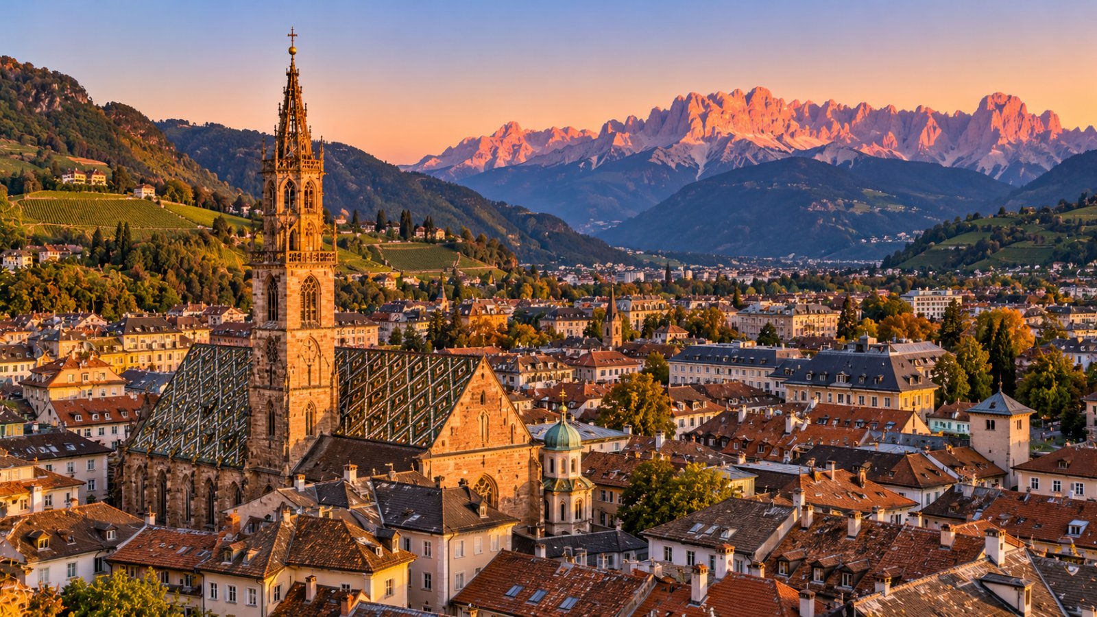 Tetti e campanile gotico del centro storico di Bolzano tra i vigneti, con le pareti del Catinaccio che si colorano di rosa al tramonto sullo sfondo
