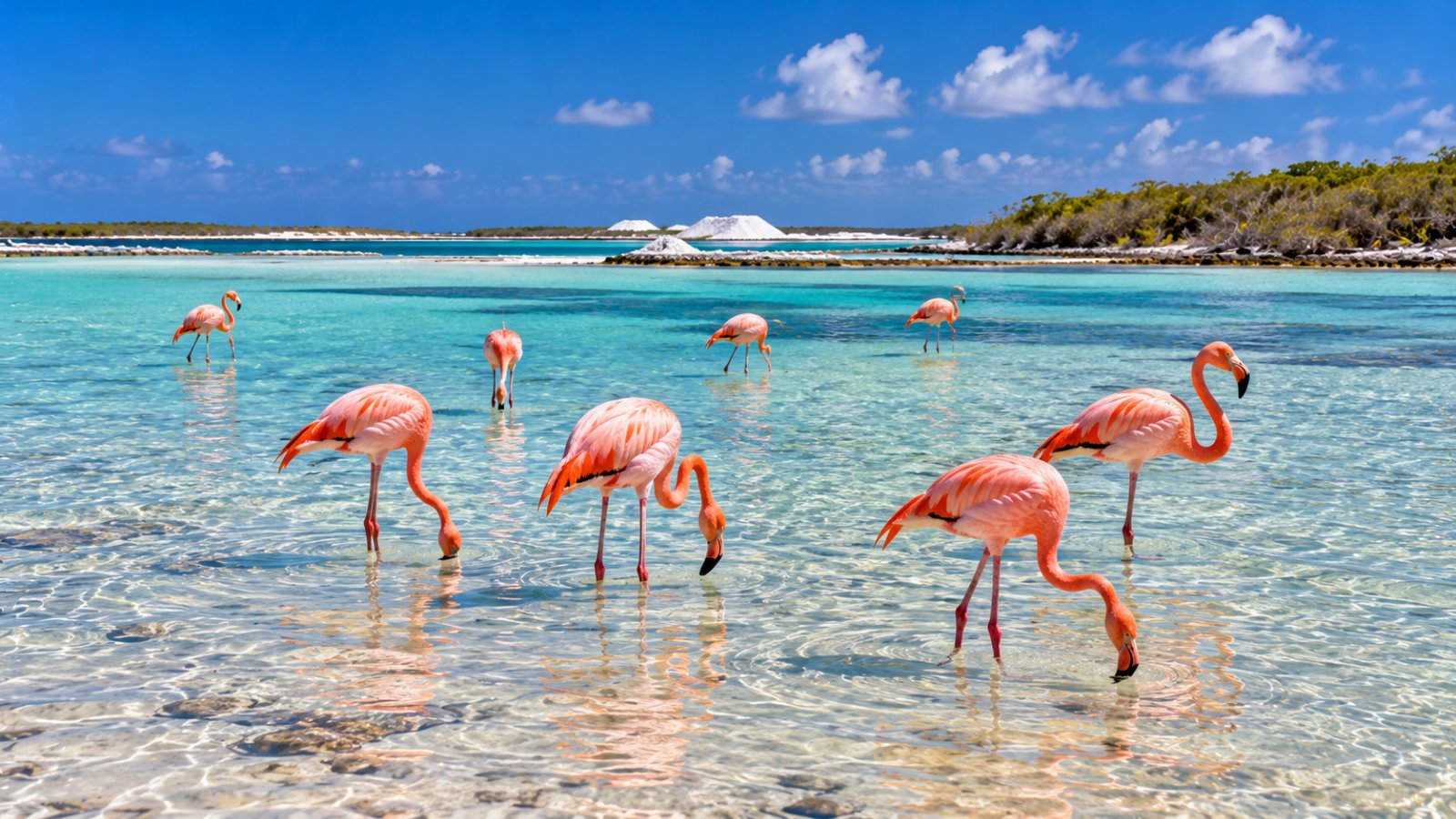 Fenicotteri rosa in una salina dalle acque chiare a Bonaire