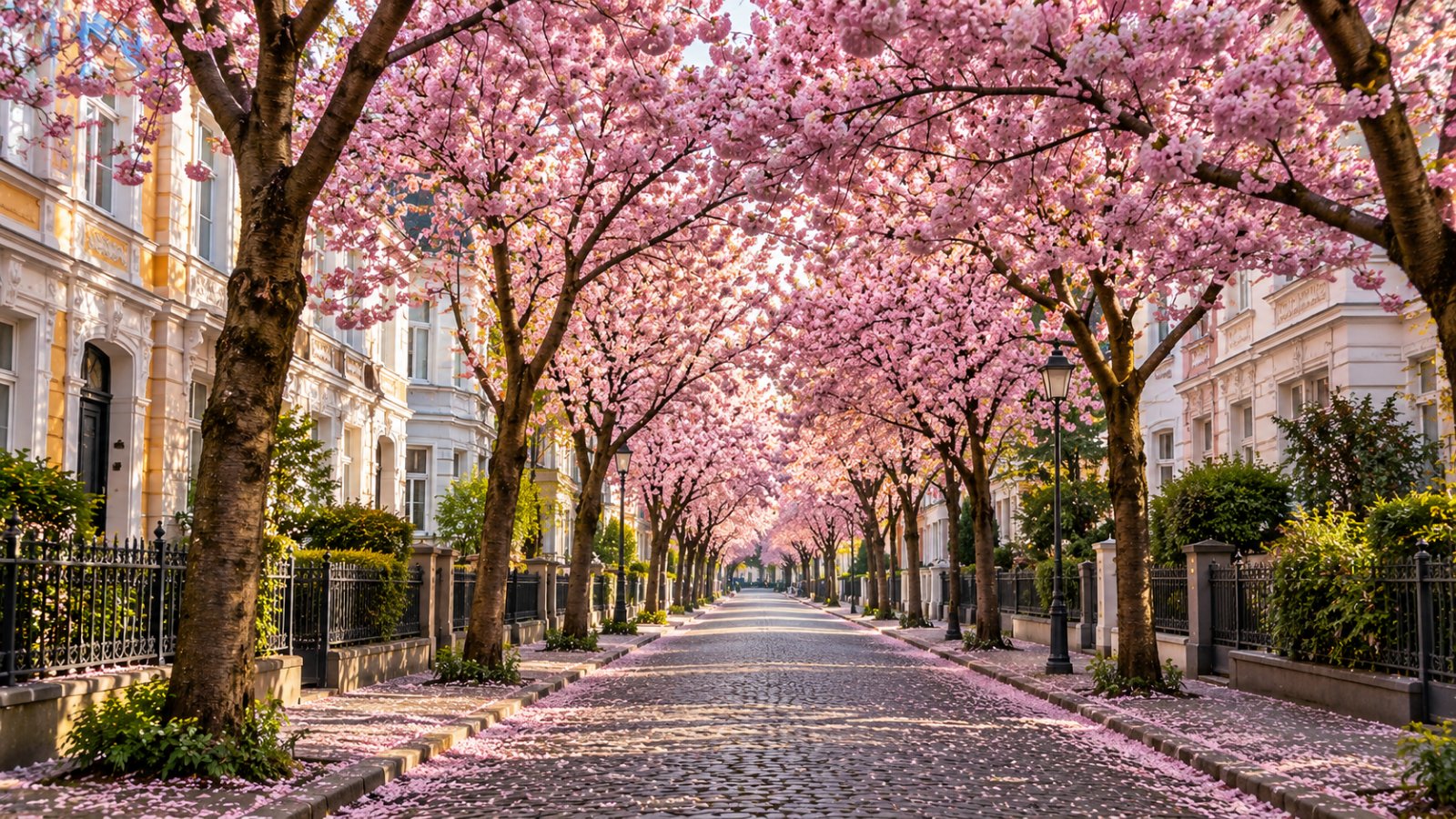 Una strada del centro storico di Bonn coperta da un tunnel di ciliegi in fiore rosa, tra case ottocentesche, nella luce morbida del mattino
