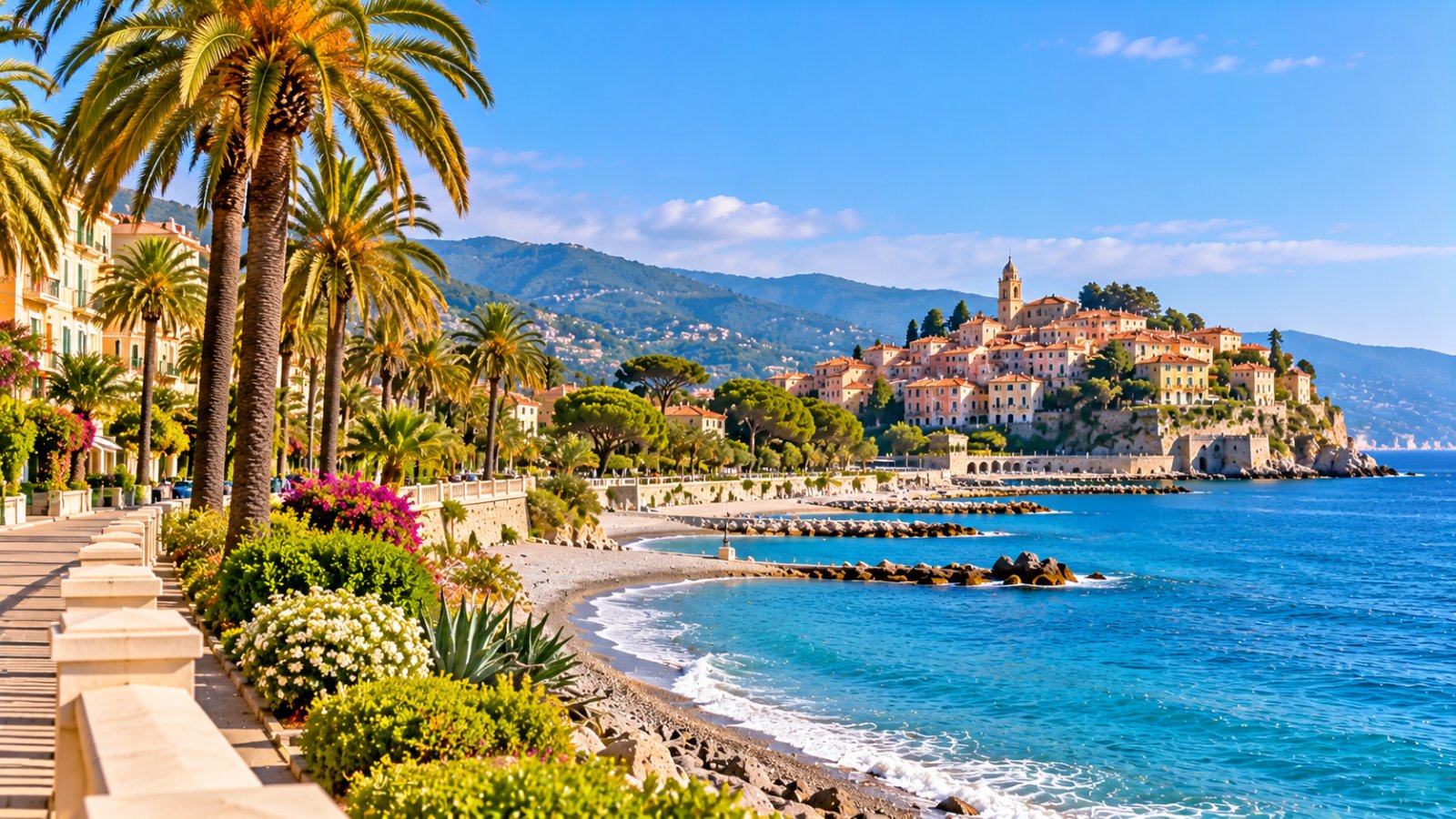 Il lungomare di Bordighera con le palme alte, il mare blu e il centro storico sul promontorio