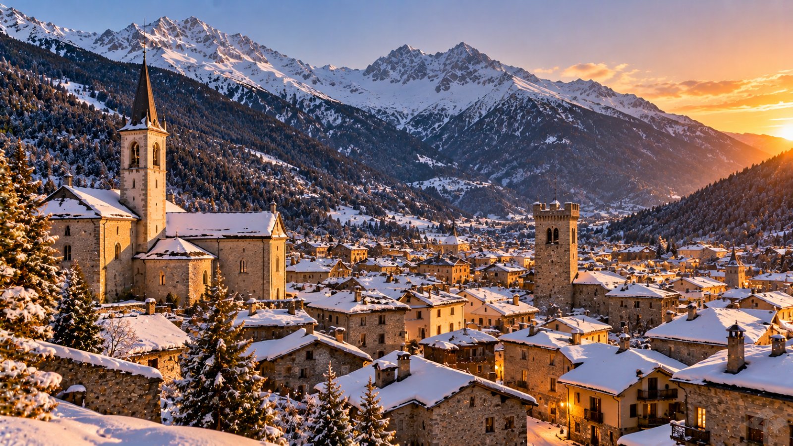 Il centro storico di Bormio con i tetti in pietra e il campanile, nella conca innevata circondata da montagne e boschi di conifere al tramonto