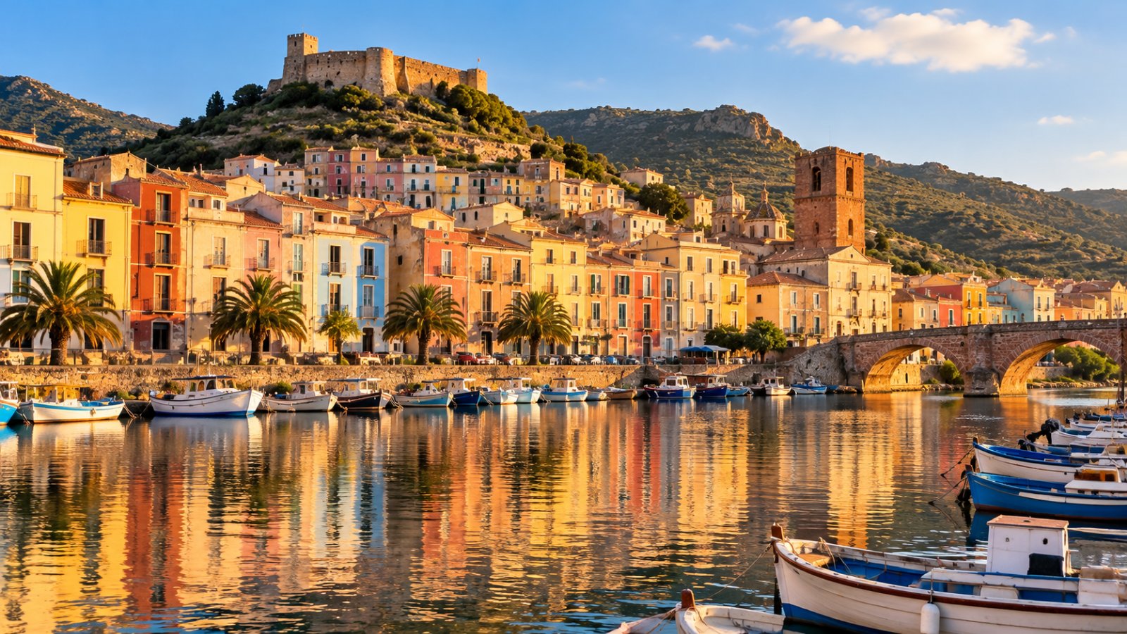 Le case colorate di Bosa riflesse nel fiume Temo, con il castello Malaspina sulla collina