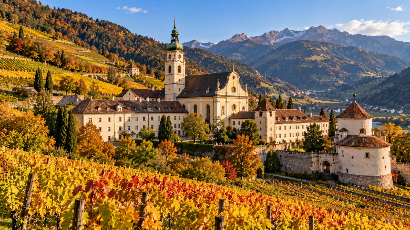 Il complesso dell'abbazia di Novacella con la chiesa barocca e la cappella rotonda all'ingresso, circondato da vigneti terrazzati in autunno e dalle montagne della Valle Isarco