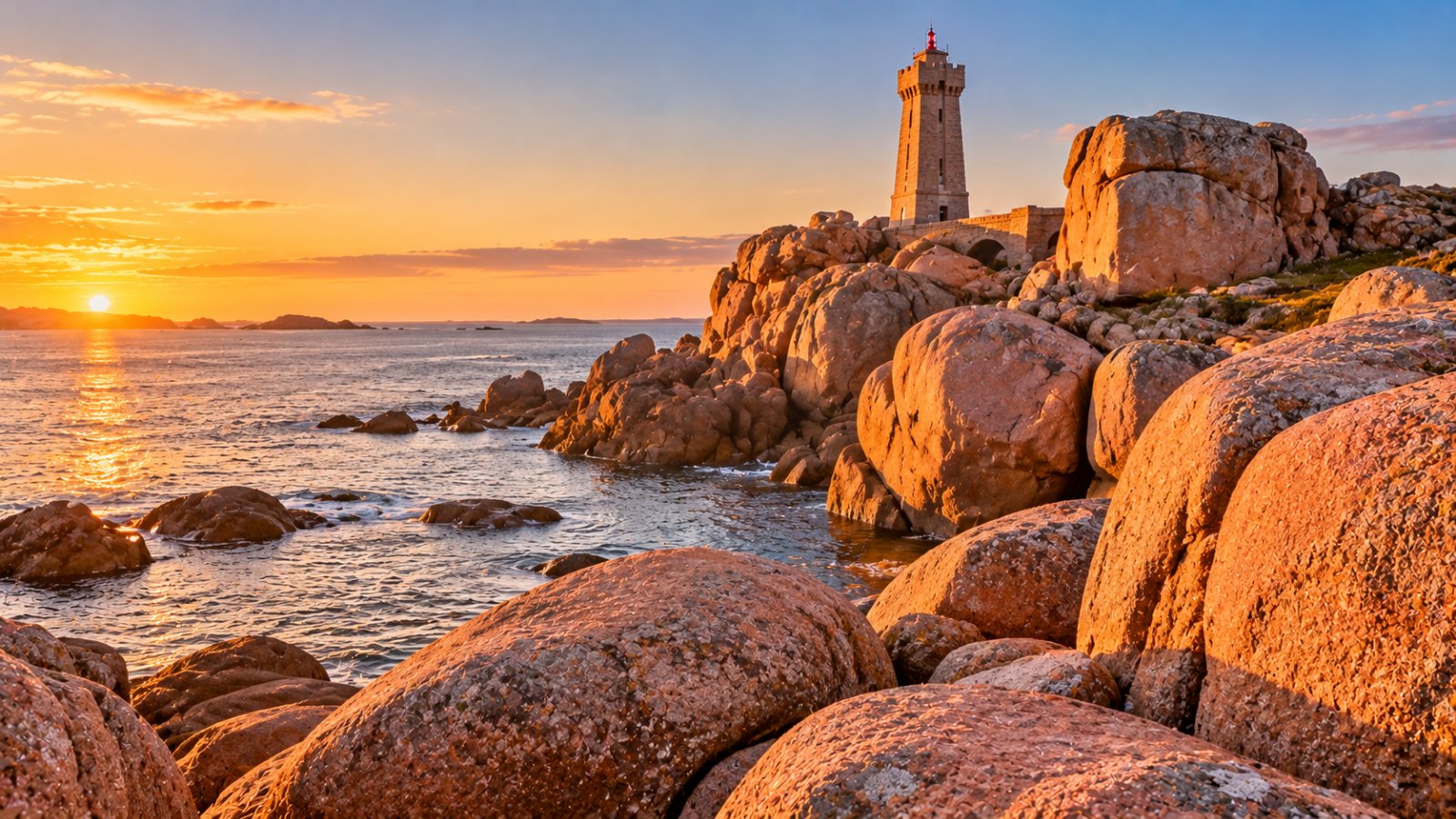 Un faro di granito rosa tra grandi massi arrotondati sulla costa bretone, nella luce calda del tramonto, con il mare calmo e il cielo limpido