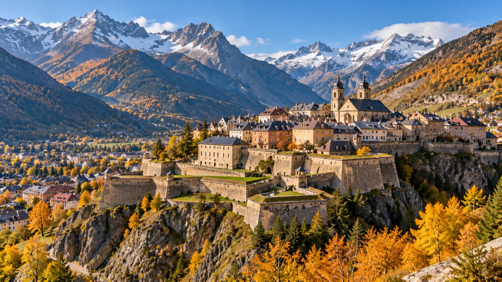 Una cittadella fortificata con mura e tetti antichi su uno sperone roccioso, con montagne autunnali sullo sfondo