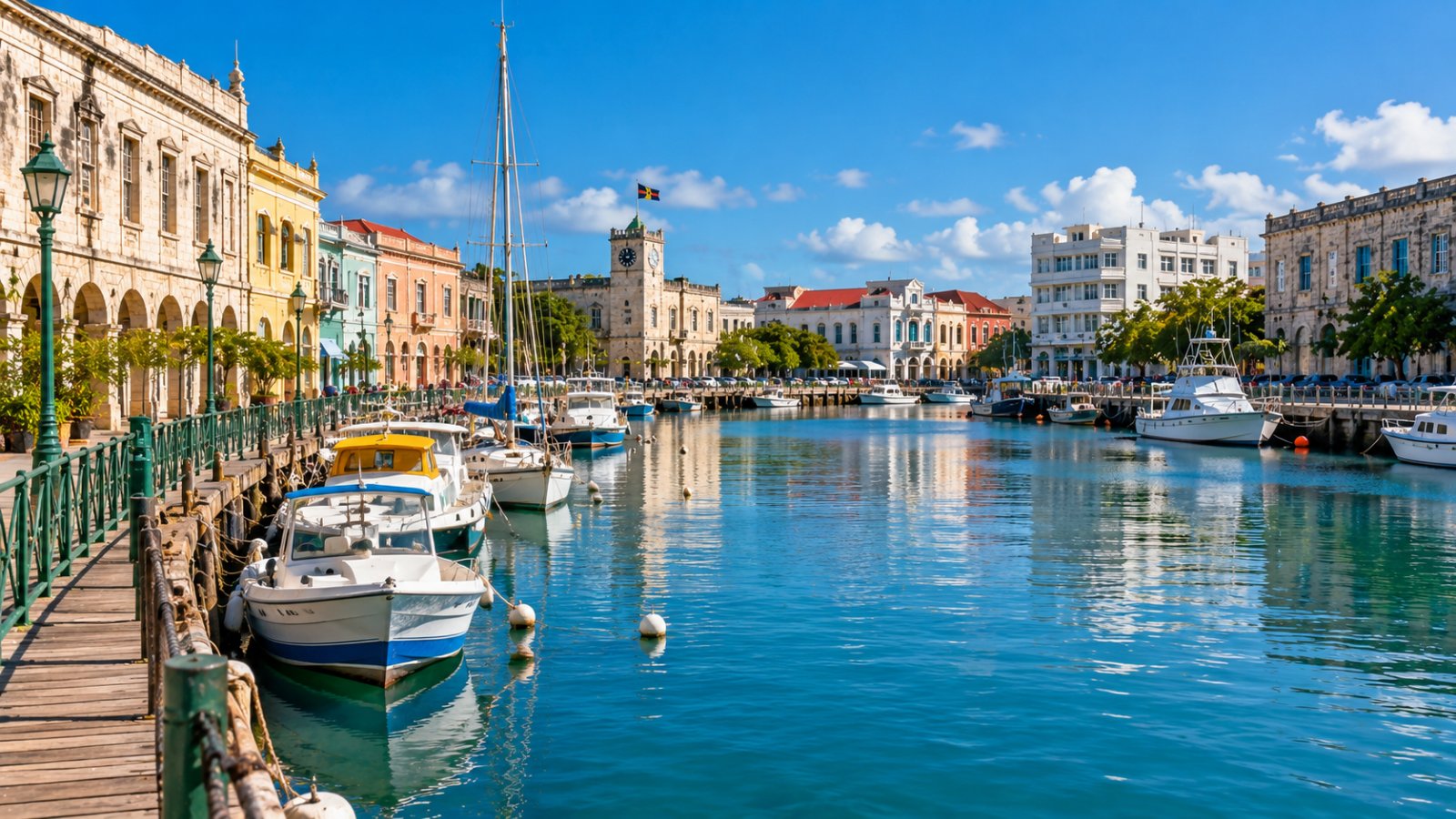Edifici storici e barche lungo il porto canale di Bridgetown