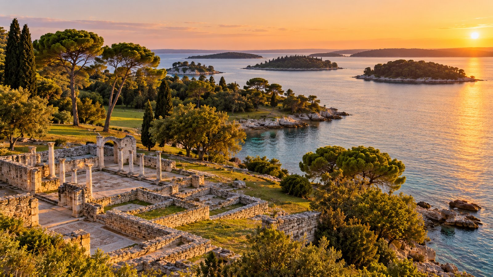 Le isole Brioni in Istria, con prati verdi, pini marittimi e cipressi lungo una costa bassa e i resti in pietra bianca di una villa romana vicino al mare calmo, luce dorata