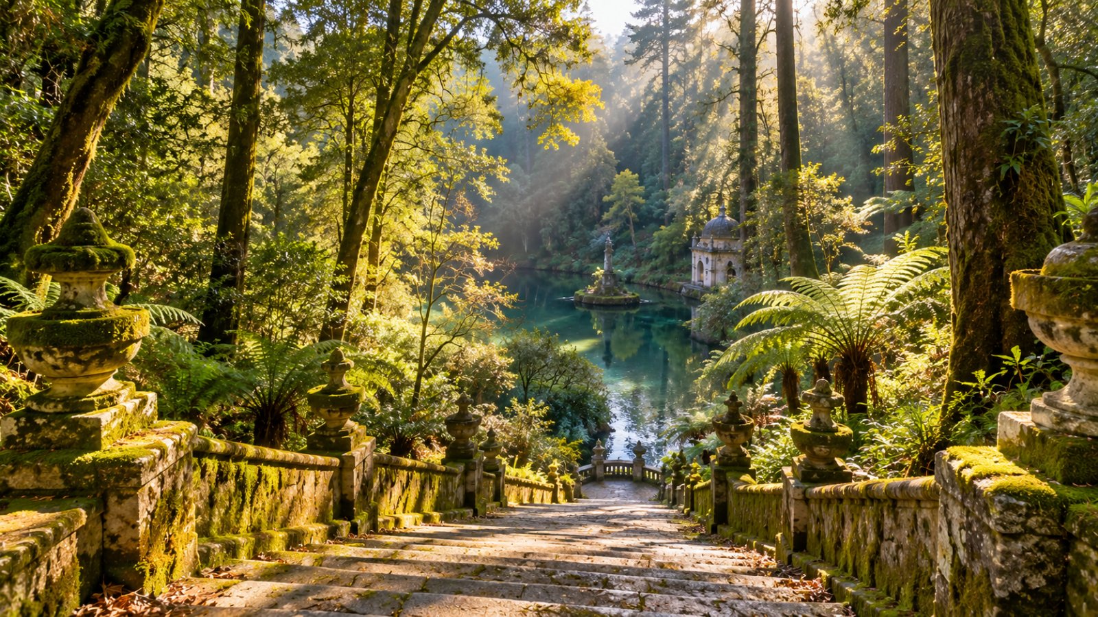Una lunga scalinata di pietra coperta di muschio scende tra alberi altissimi e felci verso una vasca d'acqua, in una foresta ombrosa attraversata da raggi di sole