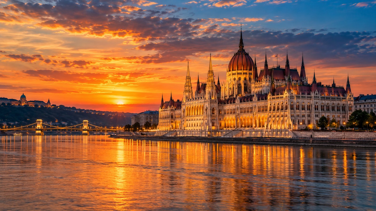 Il Parlamento di Budapest illuminato al tramonto, affacciato sul Danubio