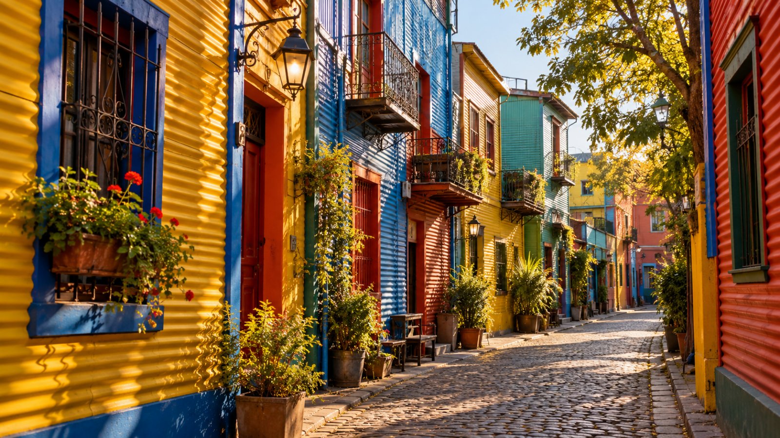 Le case colorate in lamiera di Caminito, nel quartiere della Boca a Buenos Aires, nella luce calda del pomeriggio