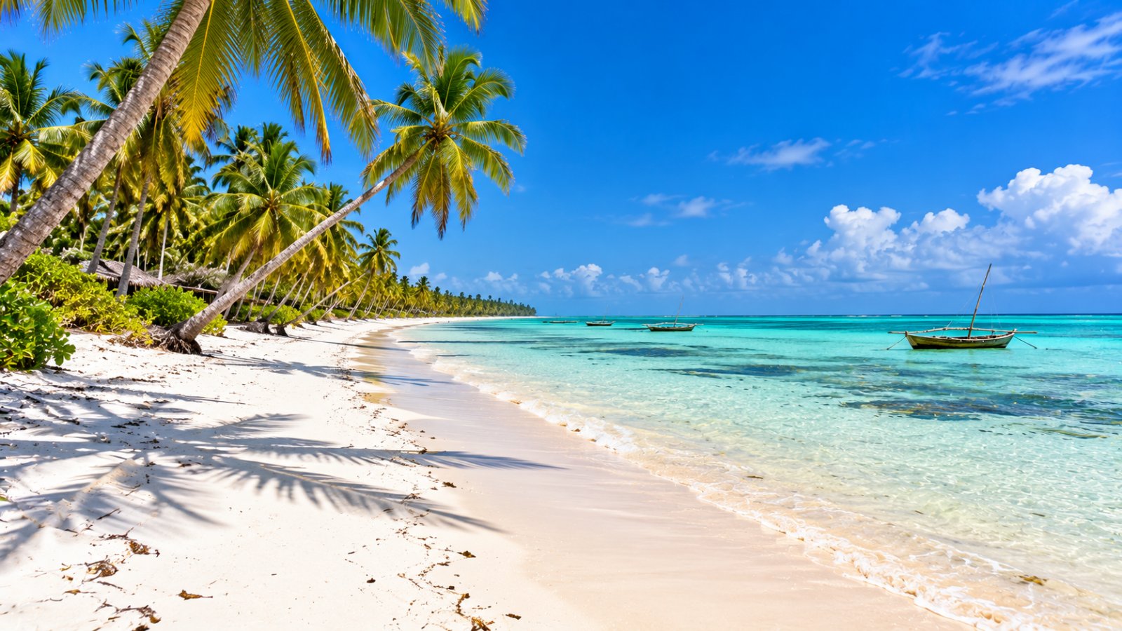 La spiaggia di Bwejuu sulla costa sud-est di Zanzibar, sabbia bianca con palme da cocco inclinate e la laguna turchese