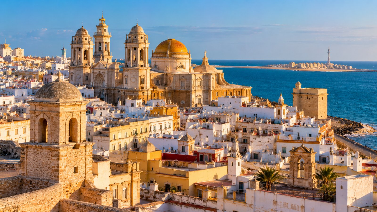 La città vecchia di Cadice vista dall'alto, con le case bianche, le terrazze, le torri di avvistamento e la cupola dorata della cattedrale davanti all'oceano Atlantico
