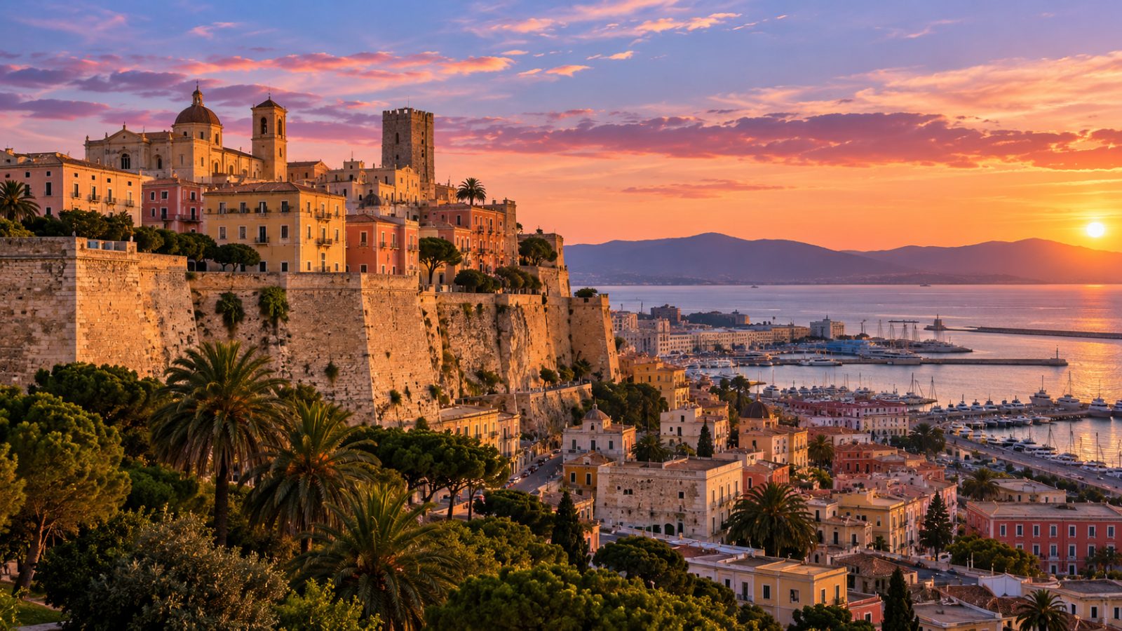 Il quartiere di Castello a Cagliari visto dal basso al tramonto, con le mura illuminate e il golfo sullo sfondo