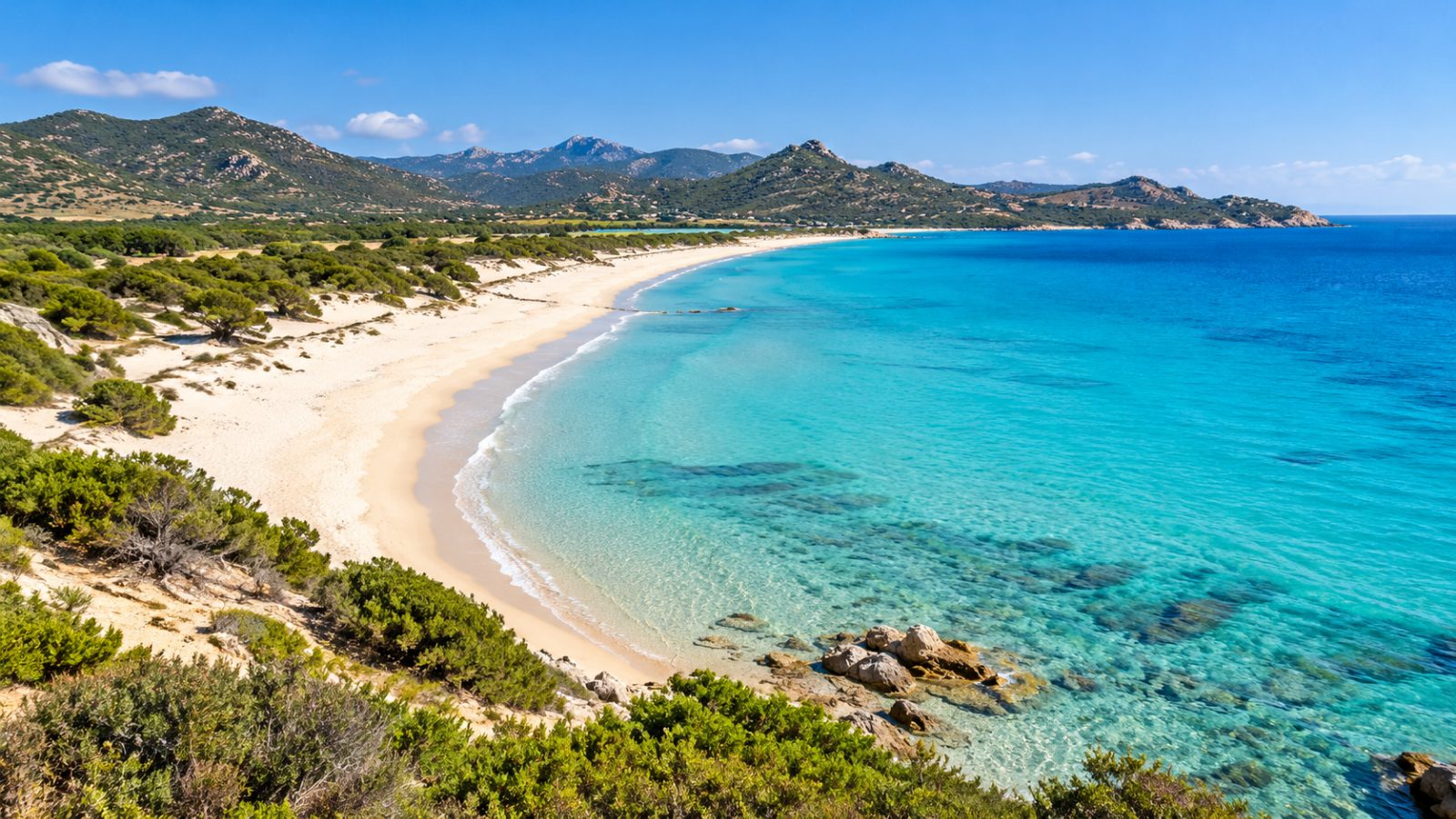 La lunga spiaggia di sabbia chiara di Cala Sinzias, con l'acqua cristallina e la macchia mediterranea alle spalle