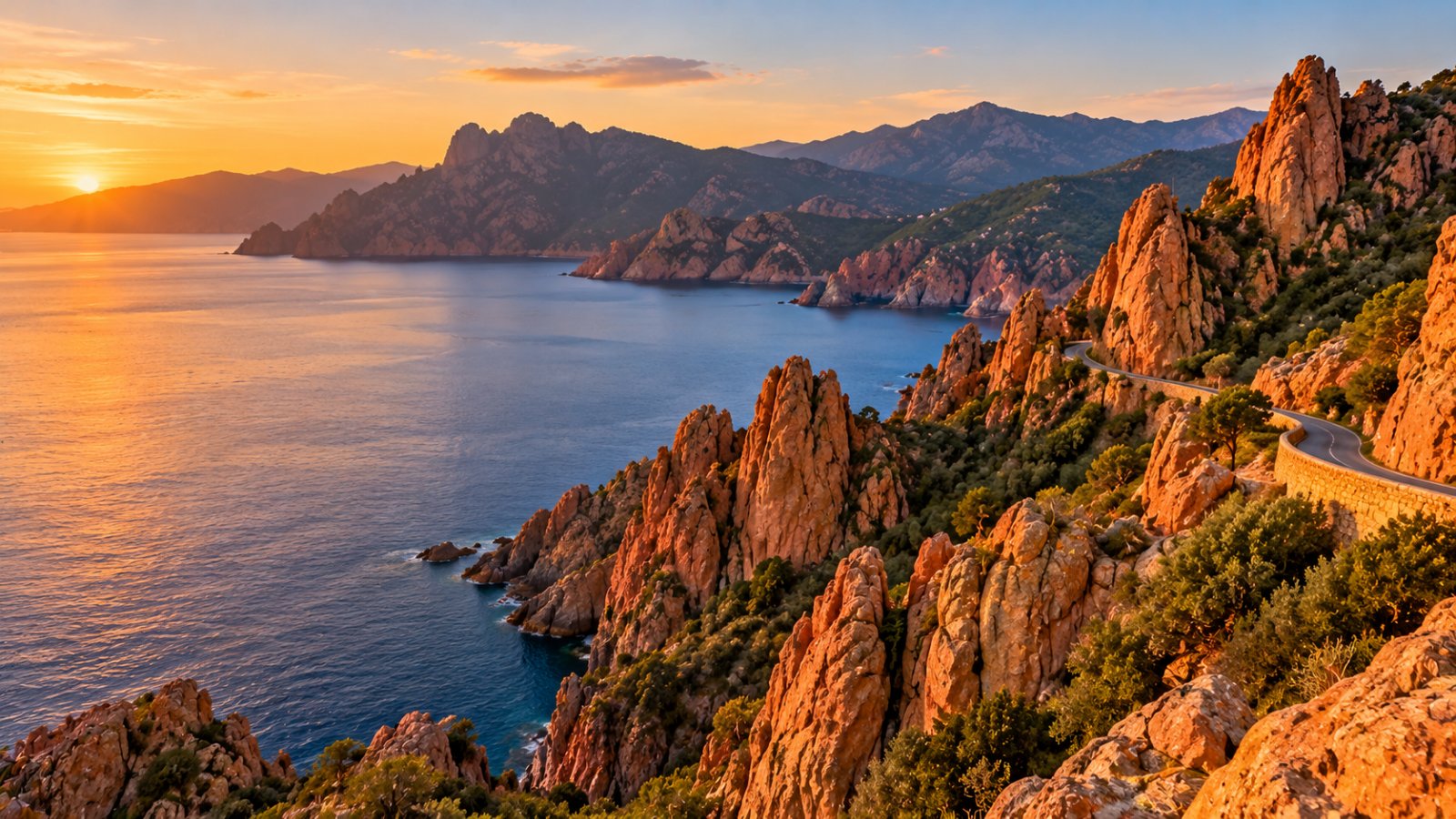 Le rocce di granito rosso delle Calanche di Piana a picco sul mare blu del golfo di Porto, con la strada che si snoda tra le guglie, nella luce del tramonto
