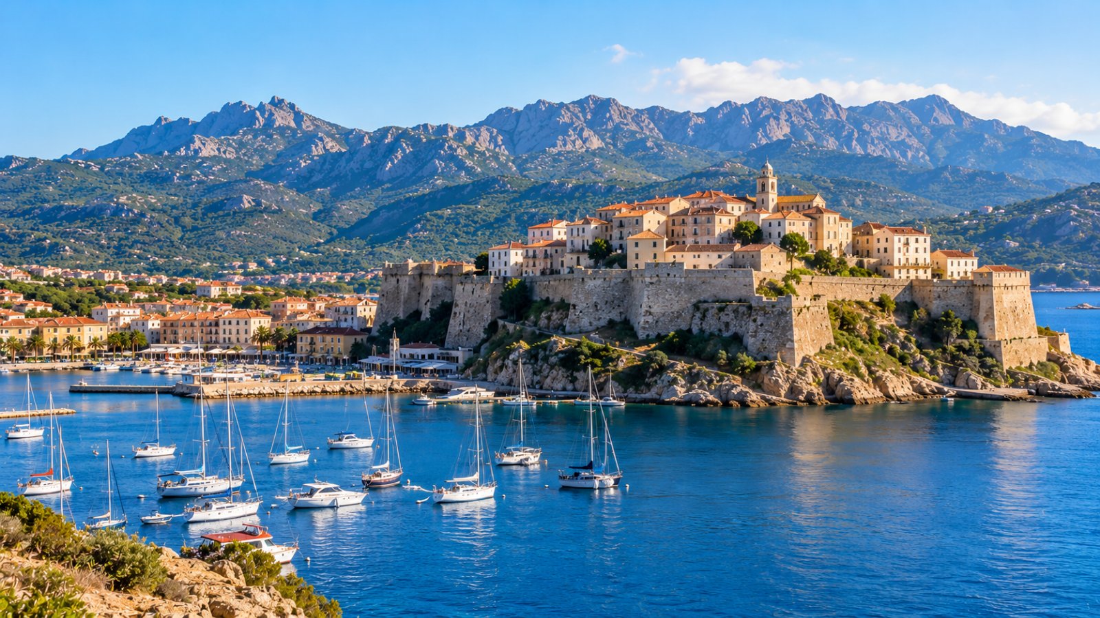 La cittadella genovese di Calvi sul promontorio sopra il porto, con le mura in pietra e le barche nella baia, e le montagne sullo sfondo
