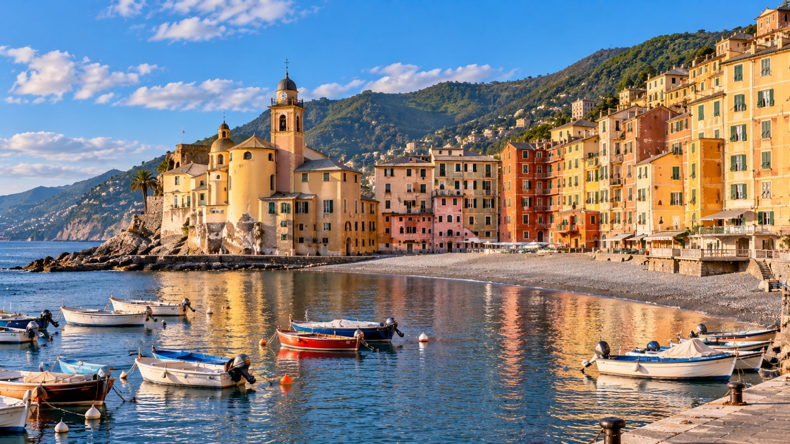 Le case alte e colorate di Camogli affacciate sul porticciolo con le barche, la spiaggia di ciottoli e la chiesa sul promontorio