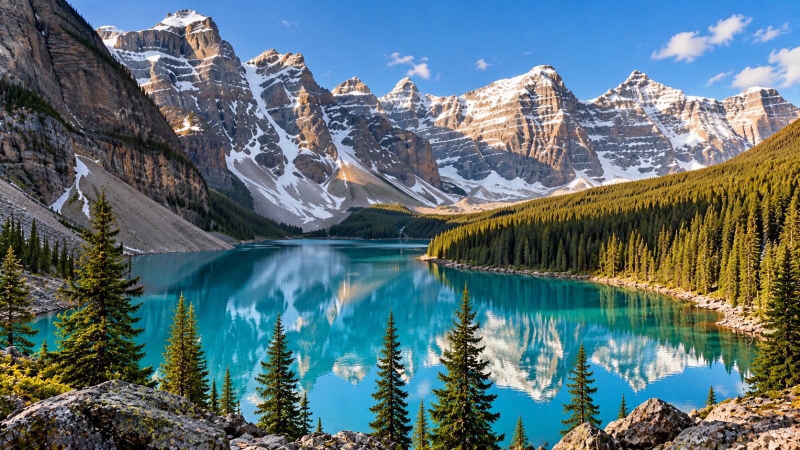 Il lago Moraine nel Parco nazionale di Banff, con le acque turchesi e le cime innevate delle Montagne Rocciose