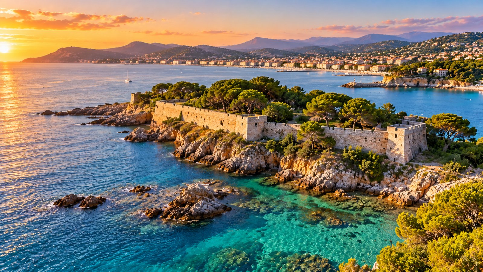 Le mura di pietra di un forte sul mare in un'isola coperta di pini, con l'acqua turchese in primo piano e sullo sfondo la costa e le colline al tramonto