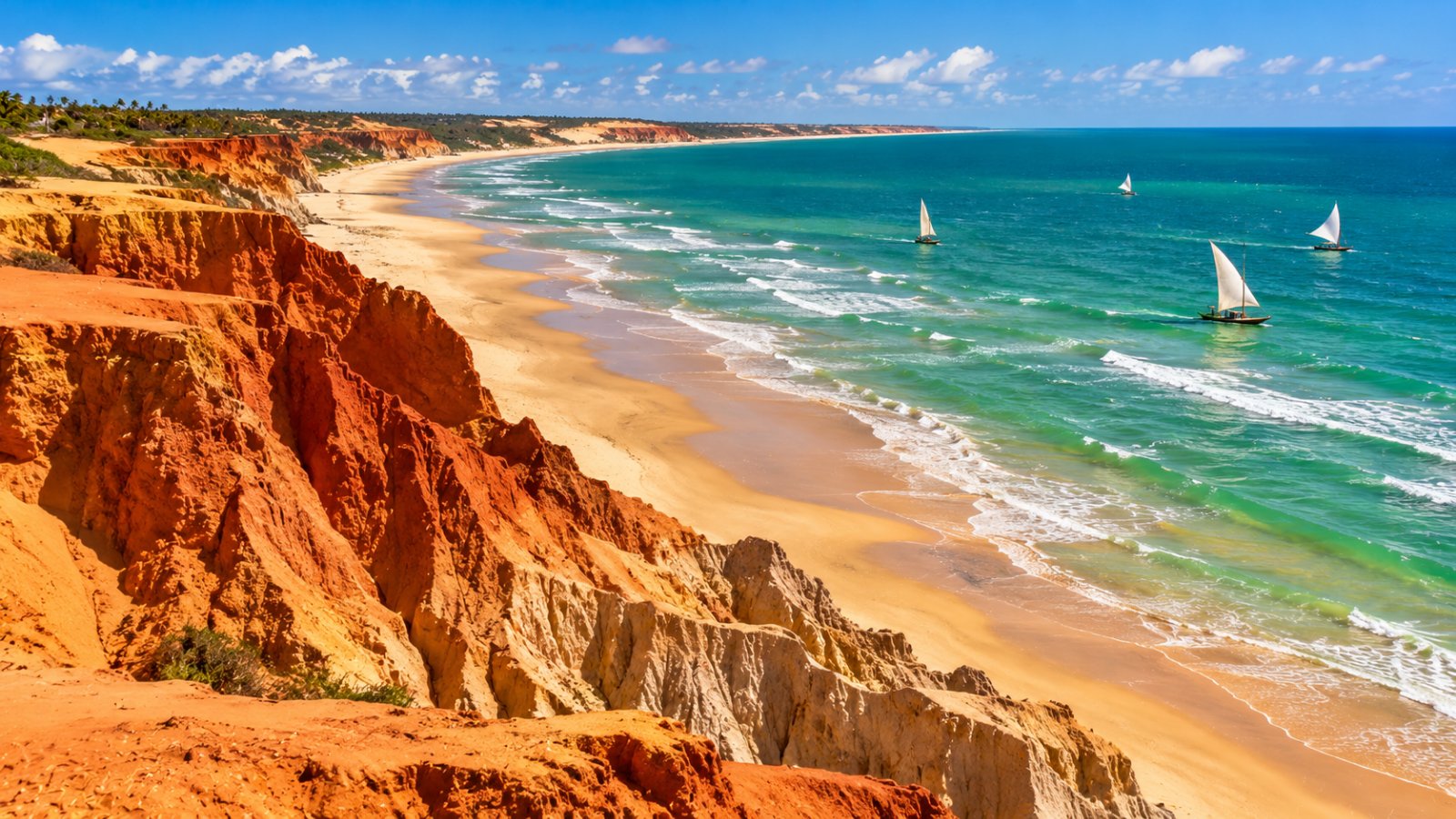 Le falesie rosse e ocra di Canoa Quebrada sopra una lunga spiaggia, con jangadas a vela bianca sul mare verde dell'Atlantico